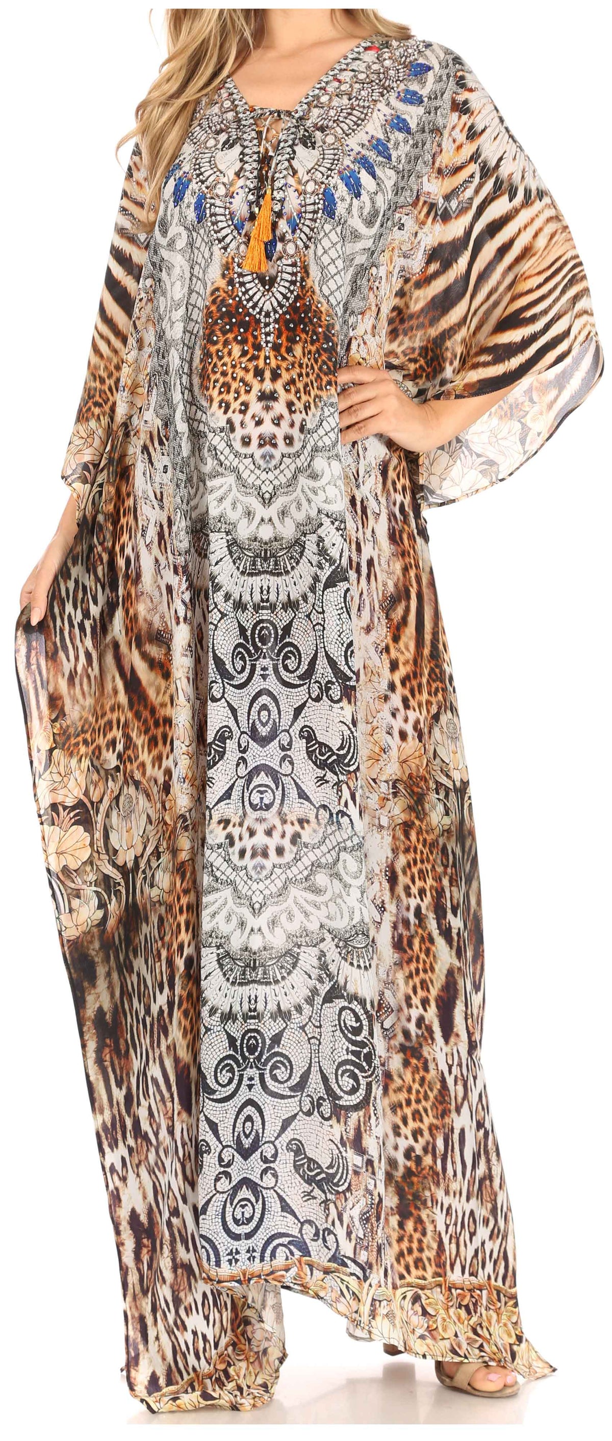 Sakkas Georgettina Flowy Rhinestone V-Neck Long Caftan Dress & Cover Up