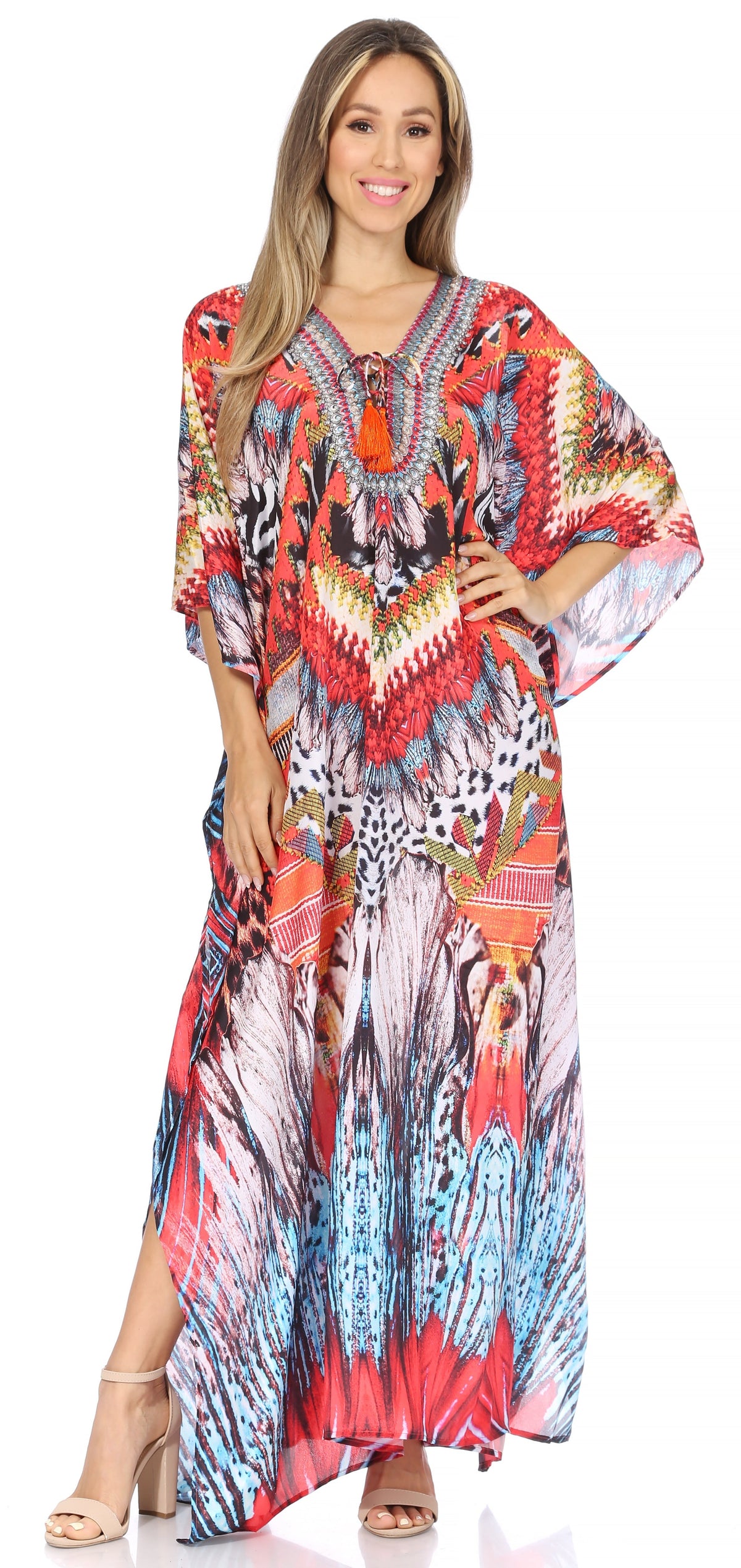 Sakkas Georgettina Flowy Rhinestone V-Neck Long Caftan Dress & Cover Up