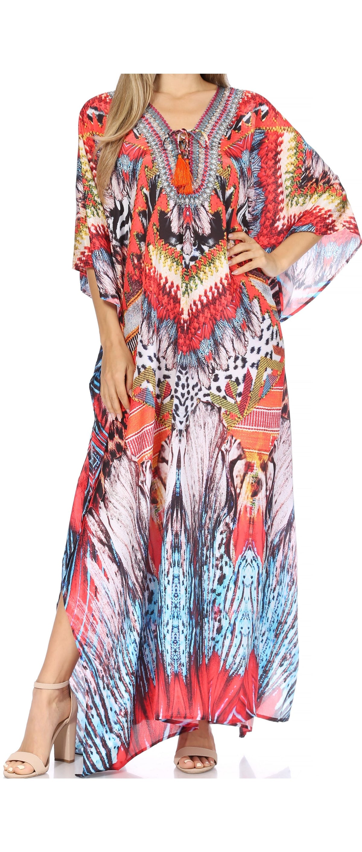 Sakkas Georgettina Flowy Rhinestone V-Neck Long Caftan Dress & Cover Up