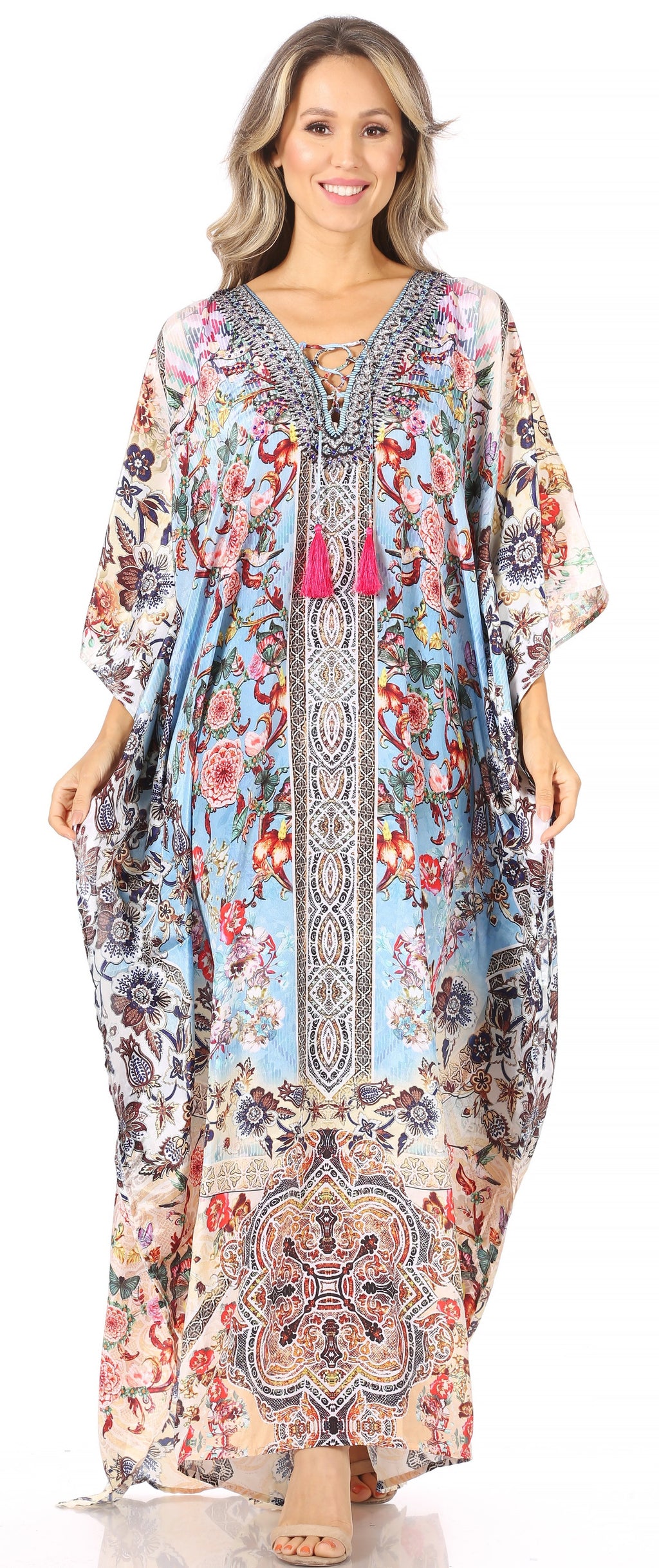 Sakkas Georgettina Flowy Rhinestone V-Neck Long Caftan Dress & Cover Up