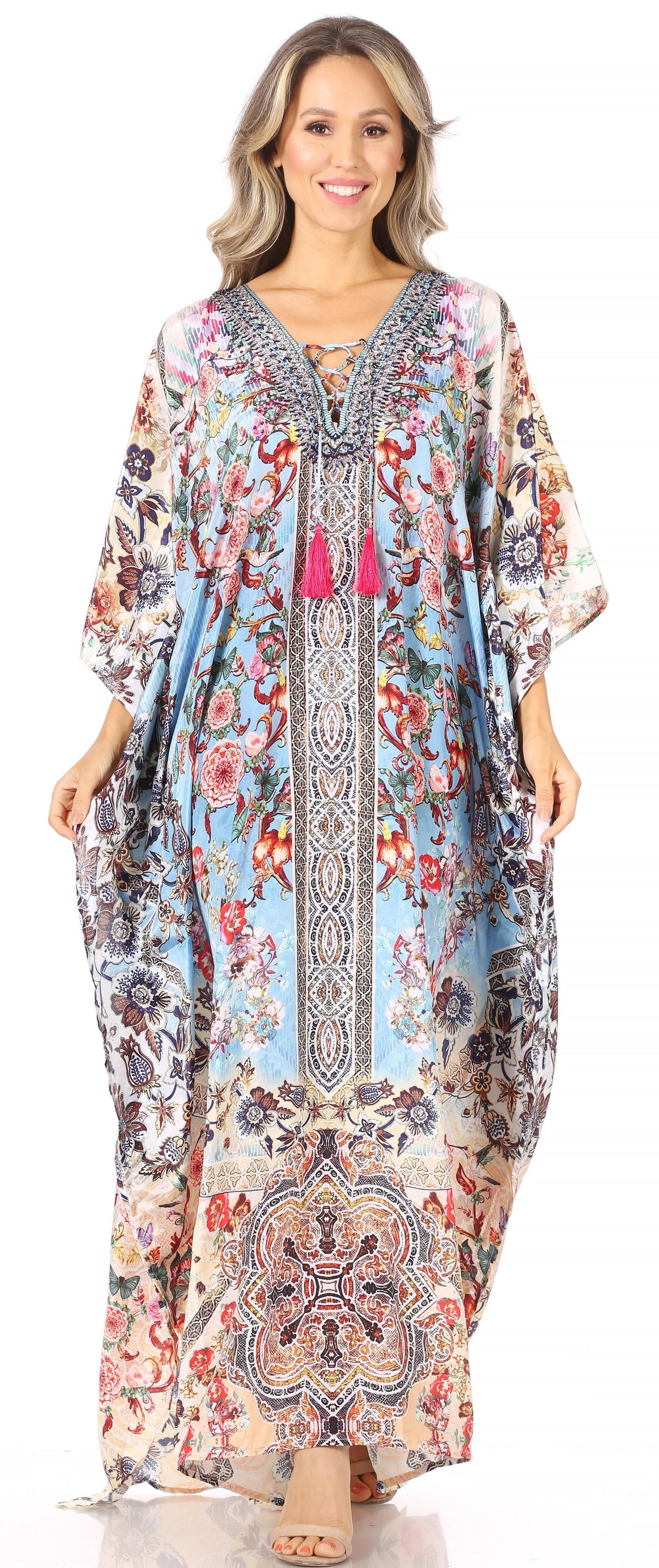Sakkas Georgettina Flowy Rhinestone V-Neck Long Caftan Dress & Cover Up