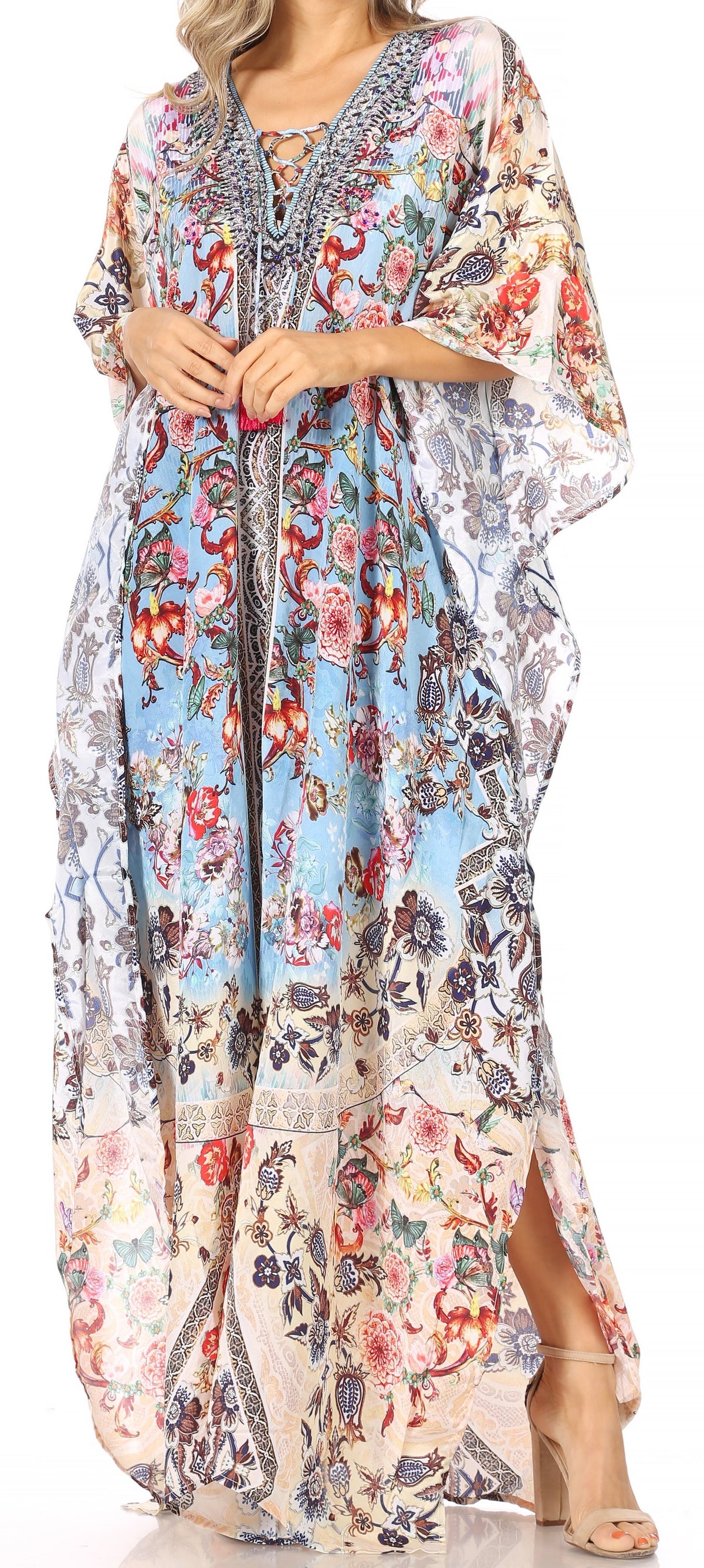 Sakkas Georgettina Flowy Rhinestone V-Neck Long Caftan Dress & Cover Up