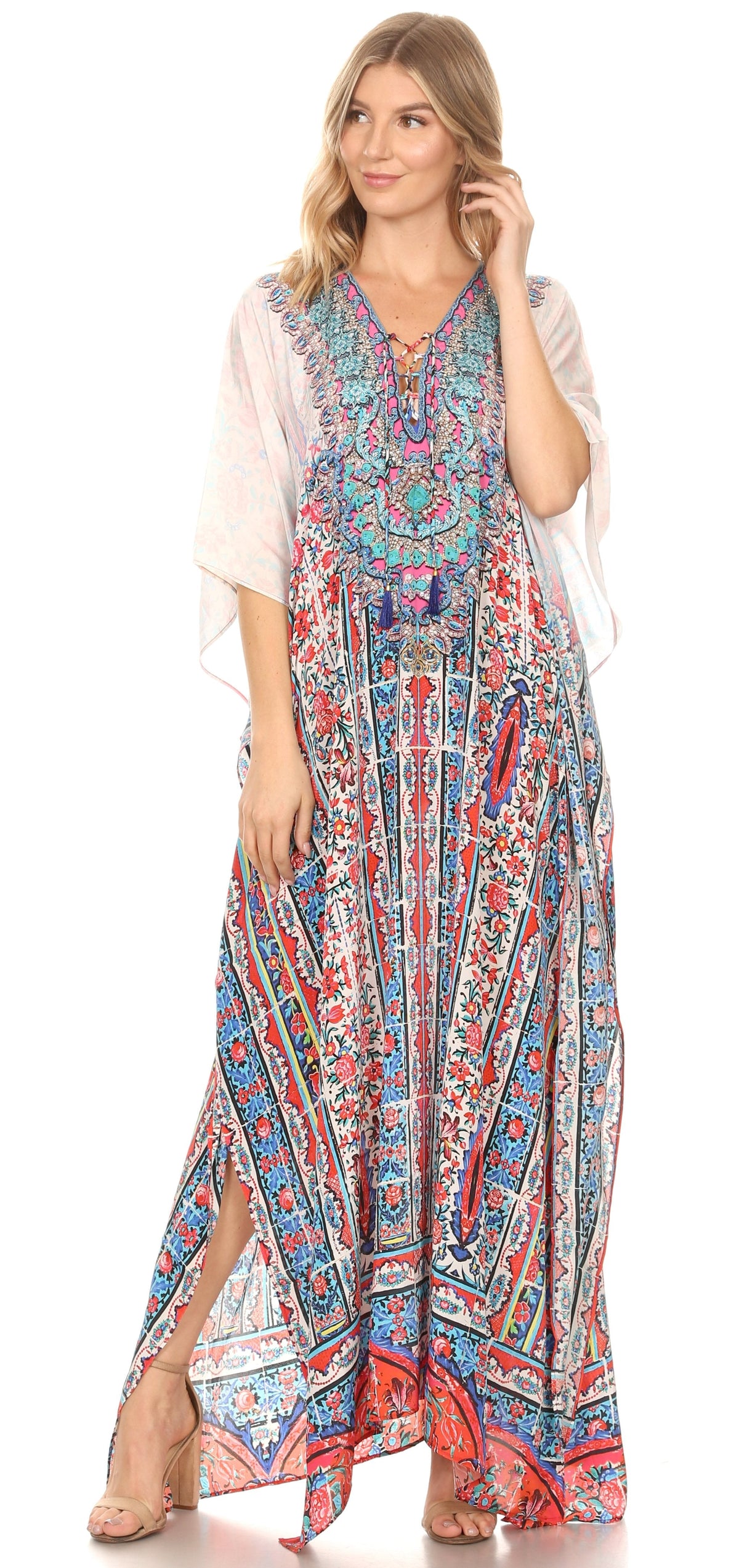 Sakkas Georgettina Flowy Rhinestone V-Neck Long Caftan Dress & Cover Up