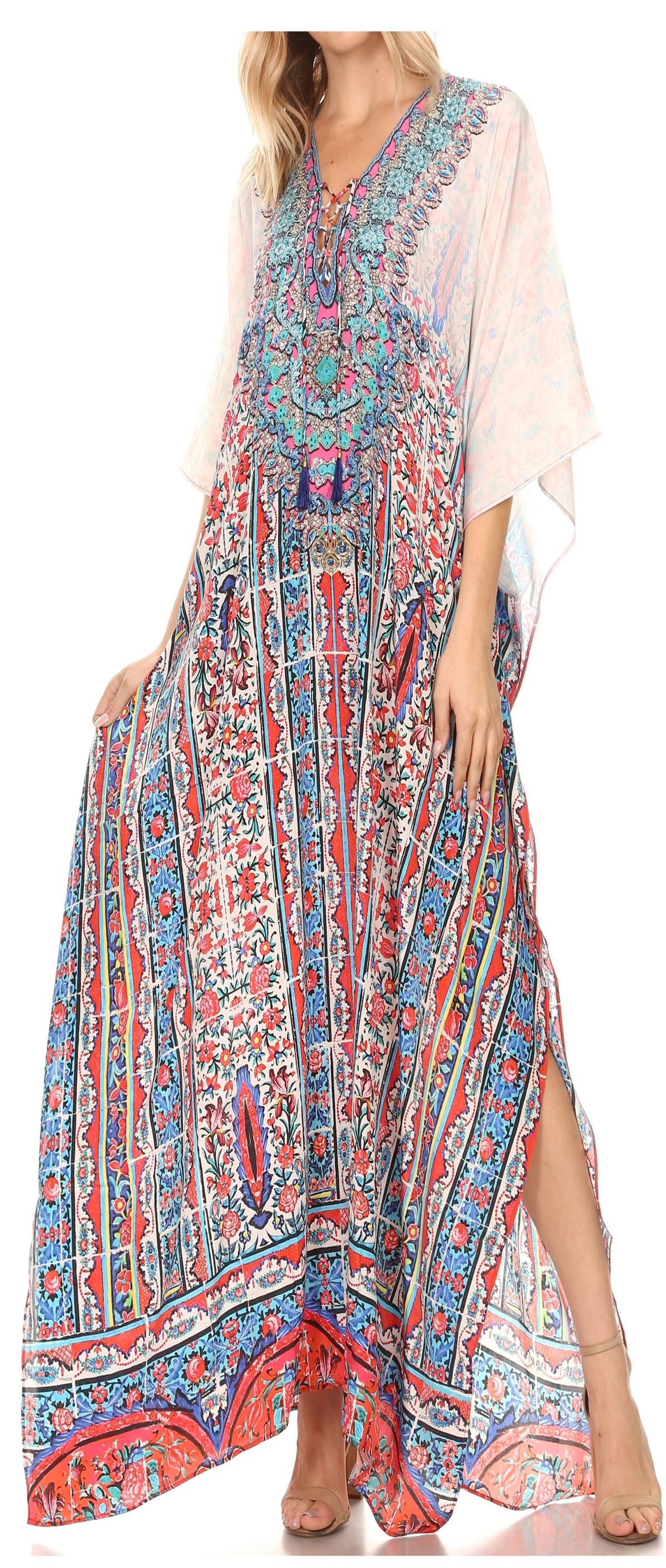 Sakkas Georgettina Flowy Rhinestone V-Neck Long Caftan Dress & Cover Up