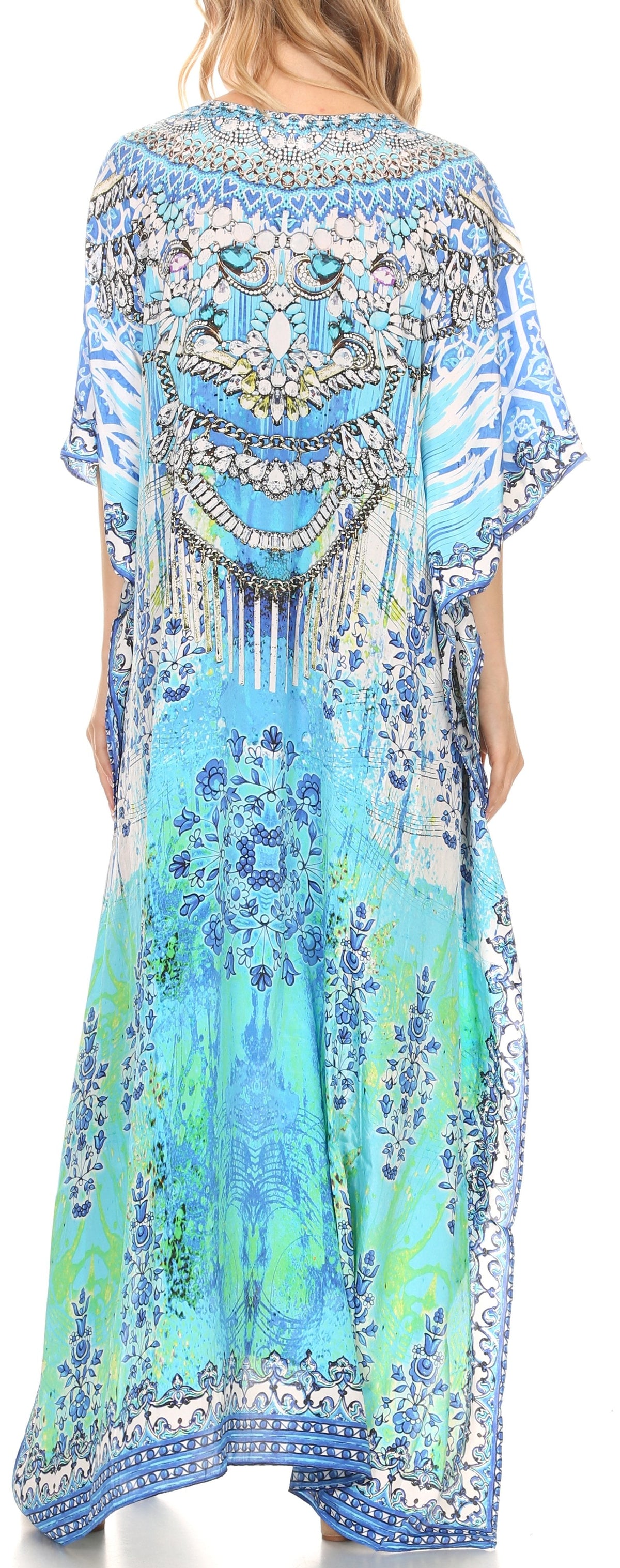 Sakkas Georgettina Flowy Rhinestone V-Neck Long Caftan Dress & Cover Up