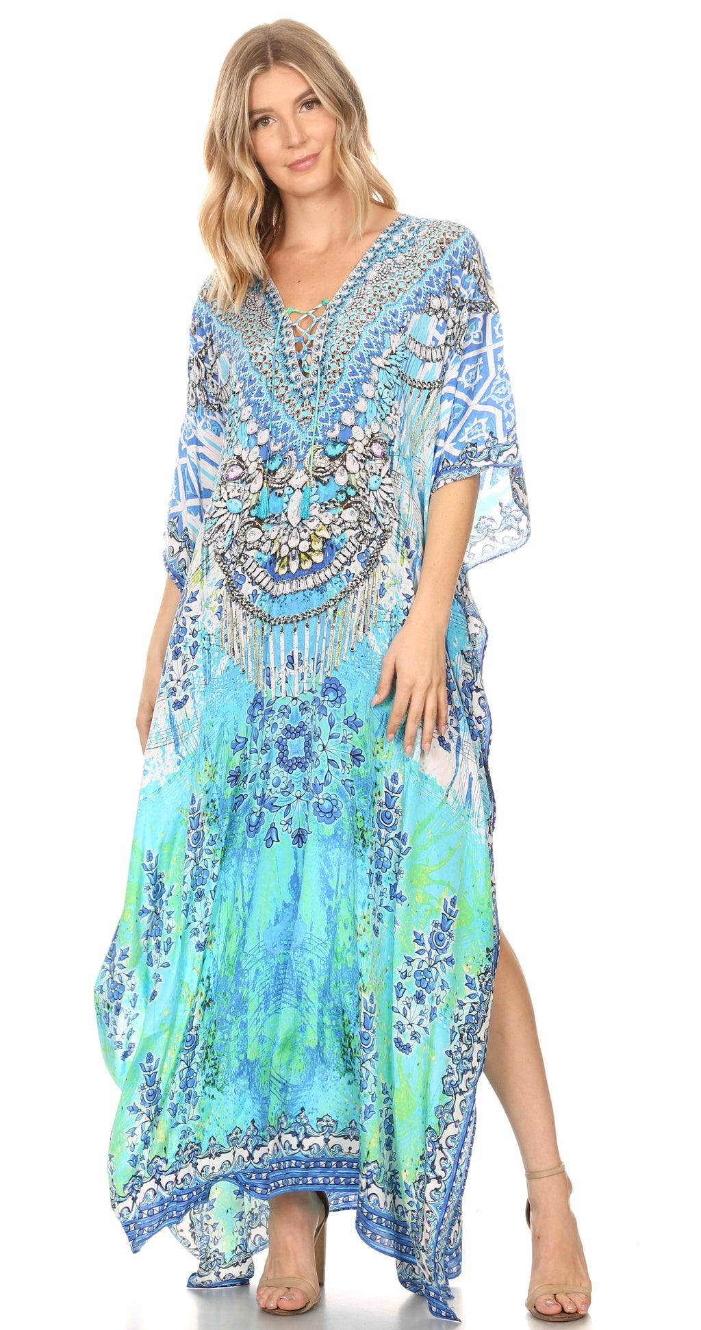 Sakkas Georgettina Flowy Rhinestone V-Neck Long Caftan Dress & Cover Up