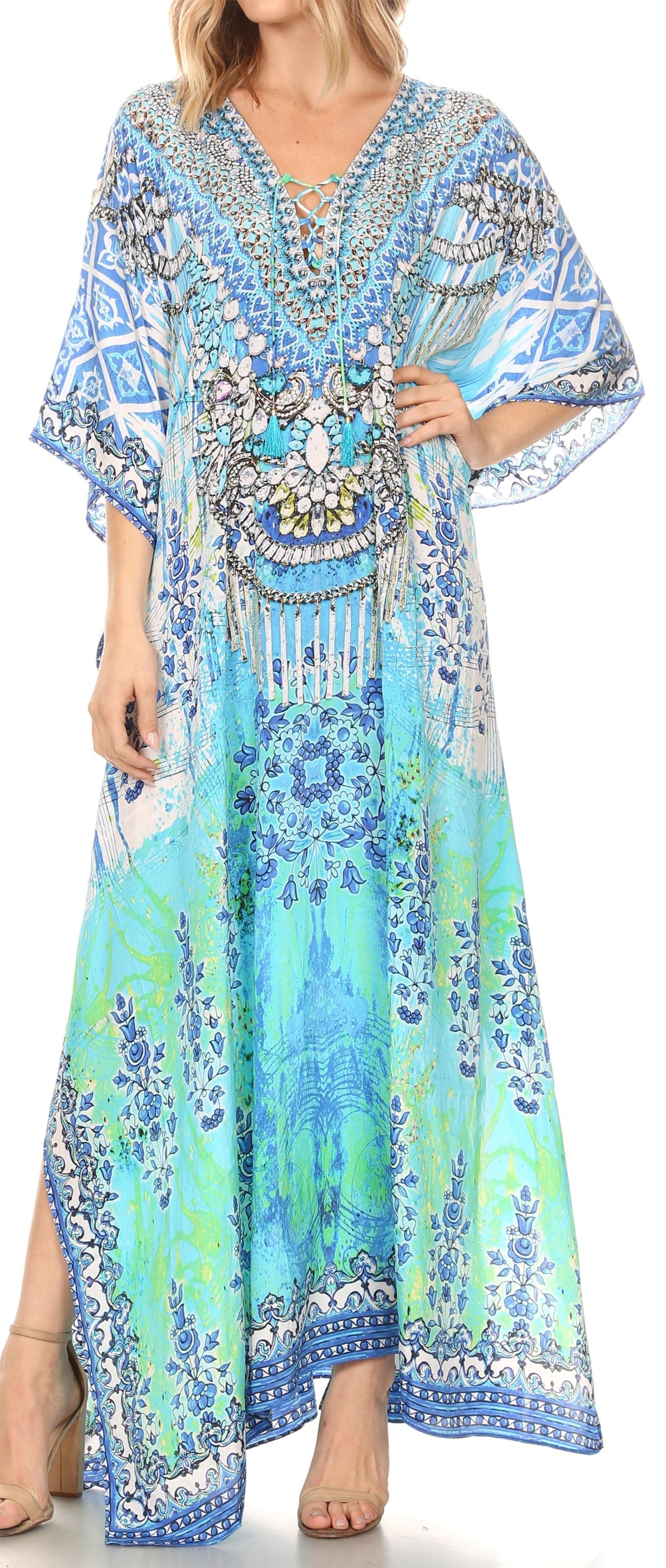 Sakkas Georgettina Flowy Rhinestone V-Neck Long Caftan Dress & Cover Up