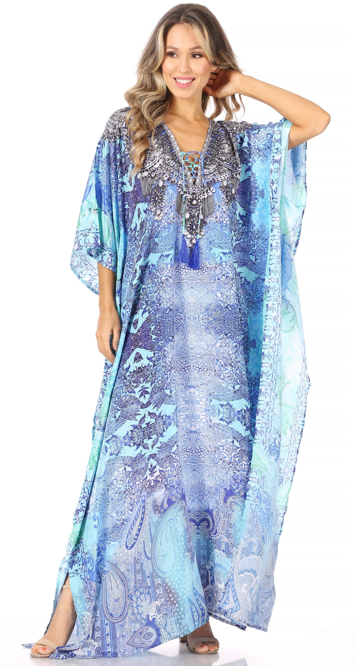 Sakkas Georgettina Flowy Rhinestone V-Neck Long Caftan Dress & Cover Up