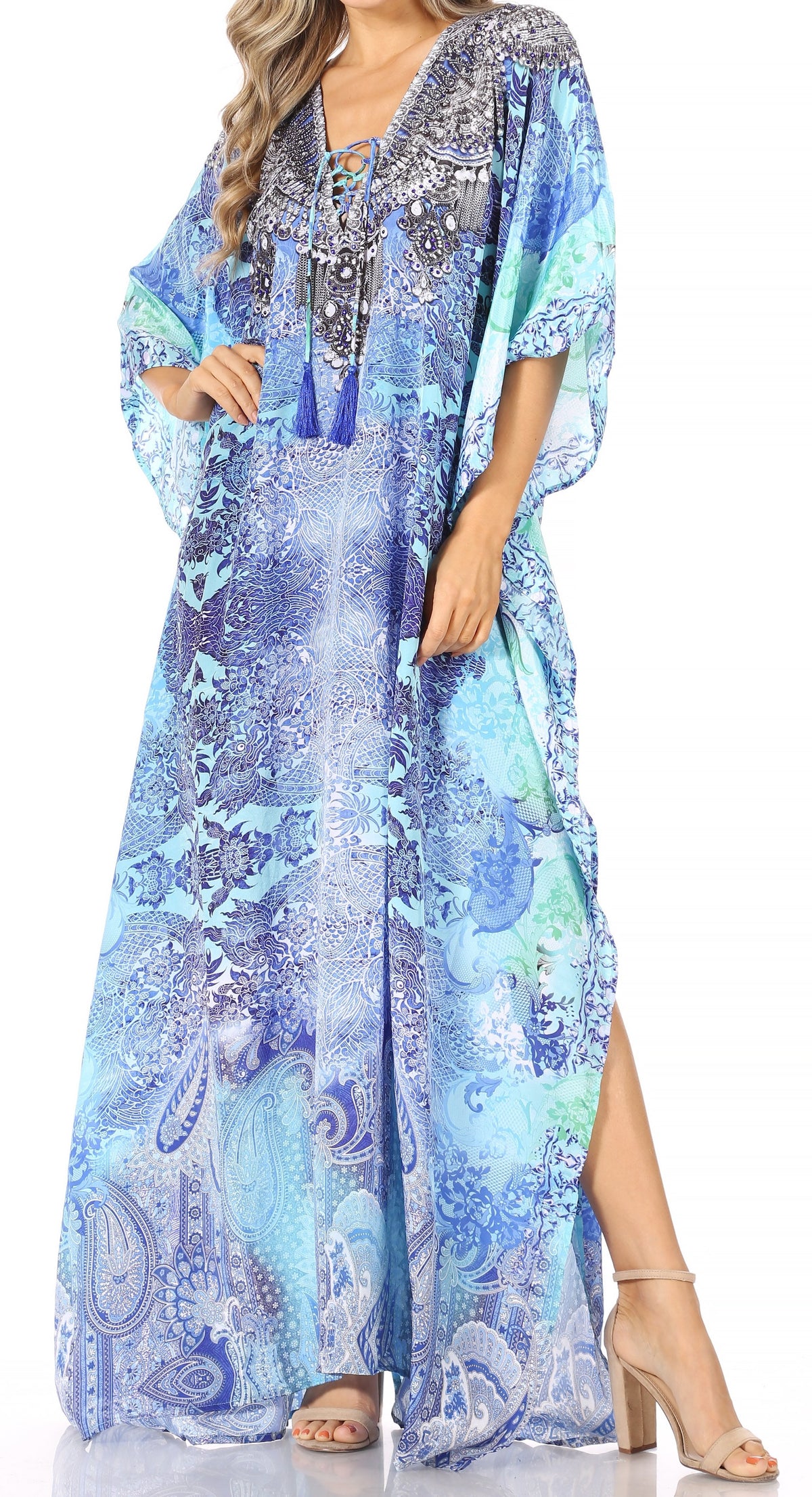 Sakkas Georgettina Flowy Rhinestone V-Neck Long Caftan Dress & Cover Up