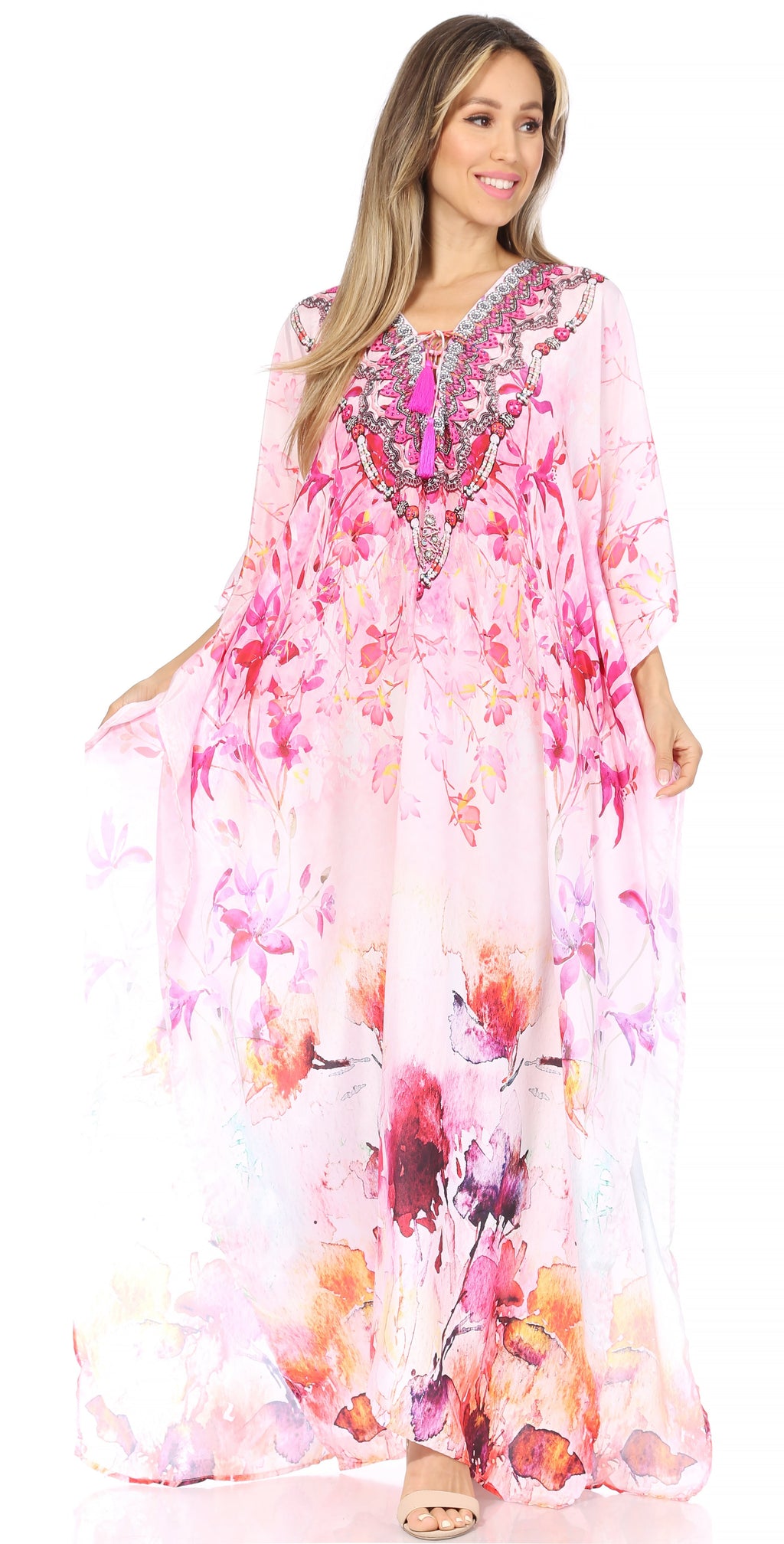 Sakkas Georgettina Flowy Rhinestone V-Neck Long Caftan Dress & Cover Up
