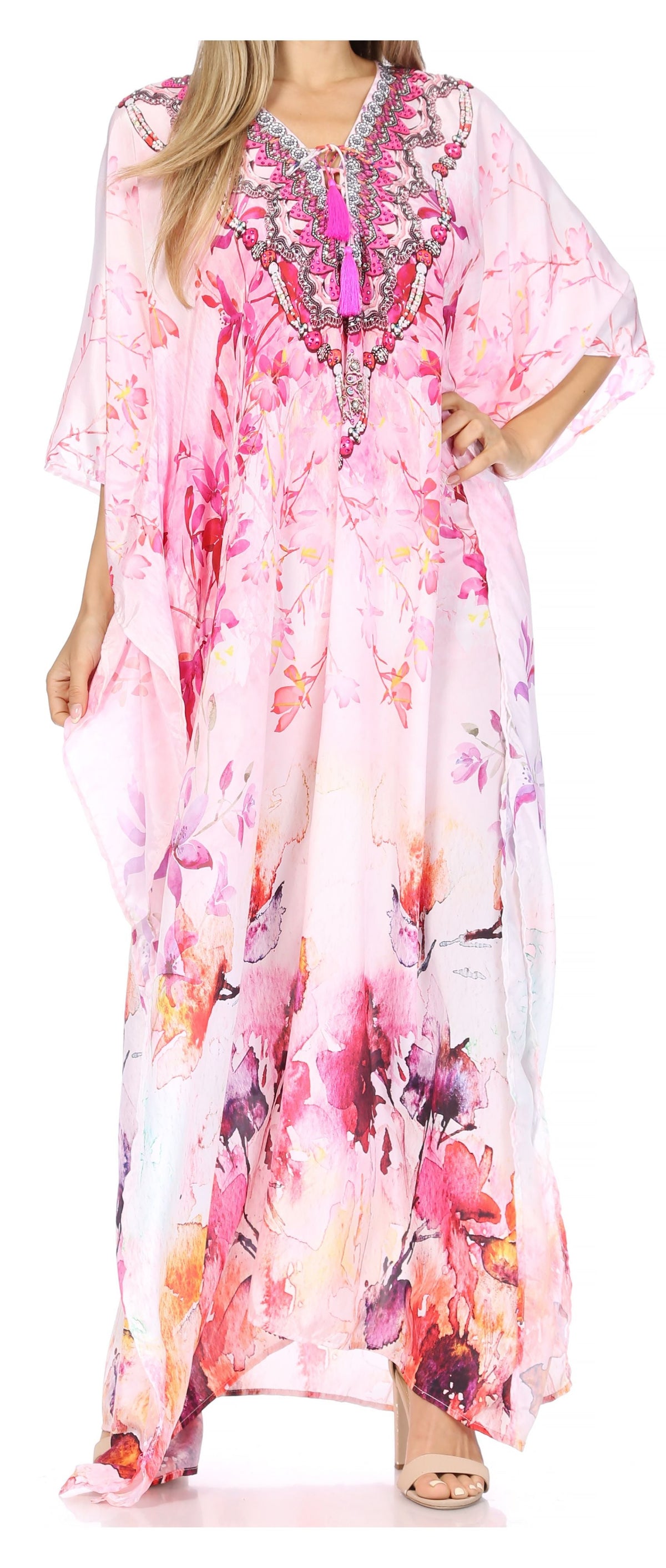 Sakkas Georgettina Flowy Rhinestone V-Neck Long Caftan Dress & Cover Up