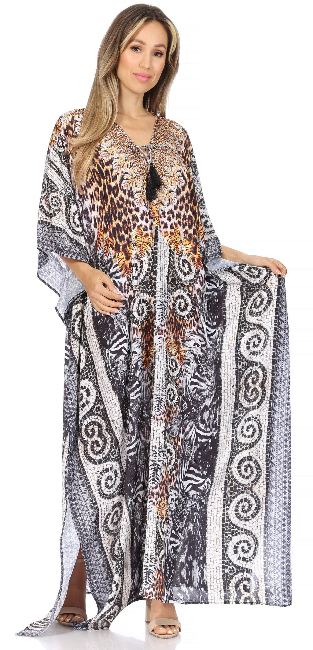 Sakkas Georgettina Flowy Rhinestone V-Neck Long Caftan Dress & Cover Up