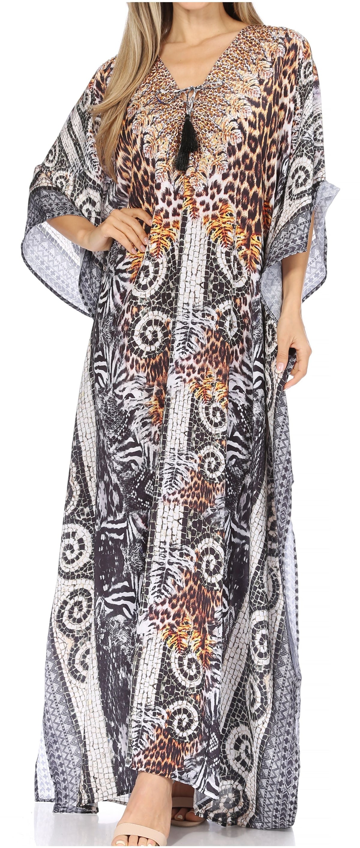 Sakkas Georgettina Flowy Rhinestone V-Neck Long Caftan Dress & Cover Up