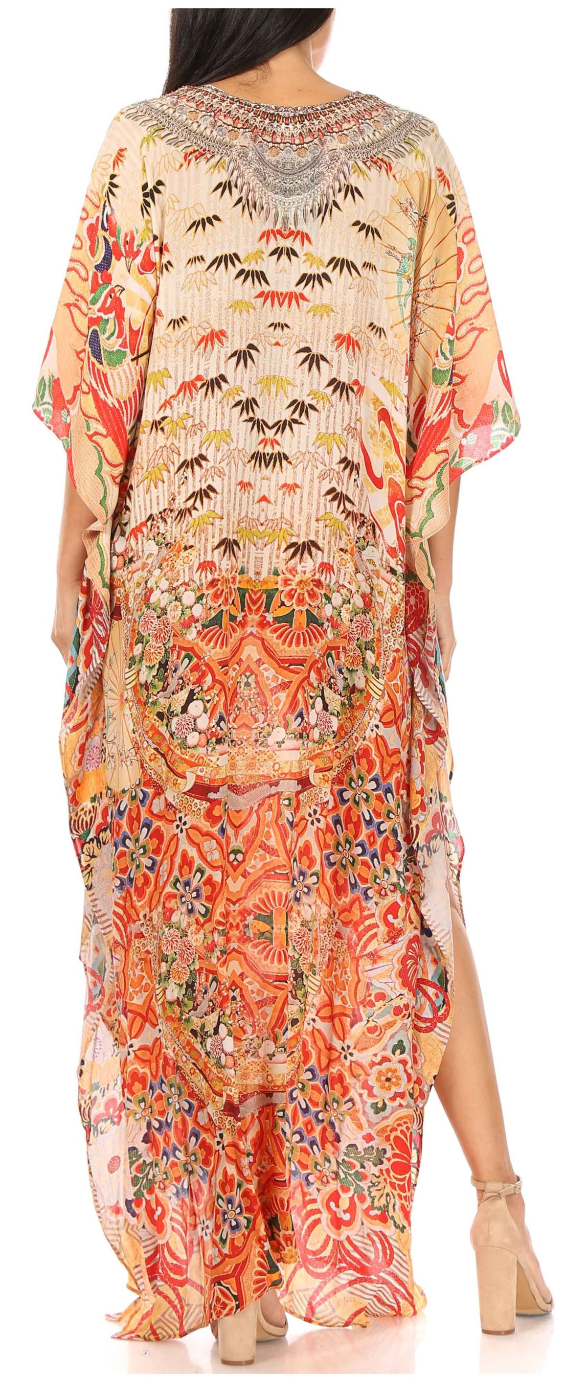 Sakkas Georgettina Flowy Rhinestone V-Neck Long Caftan Dress & Cover Up