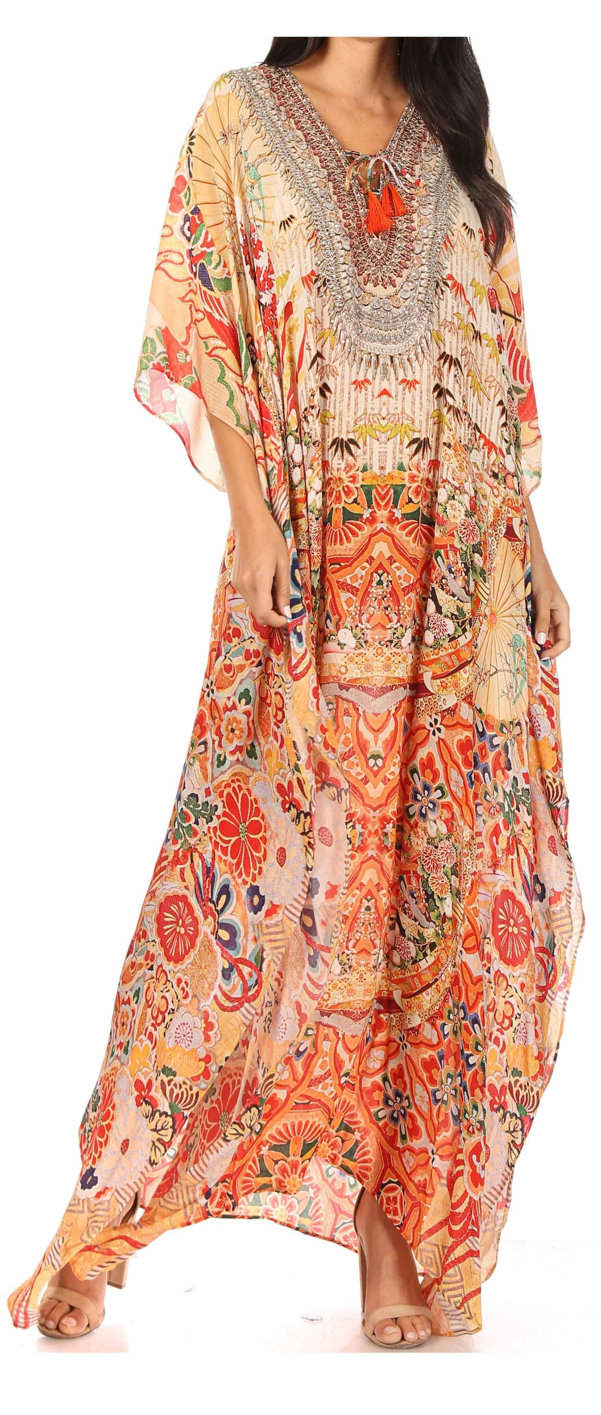 Sakkas Georgettina Flowy Rhinestone V-Neck Long Caftan Dress & Cover Up