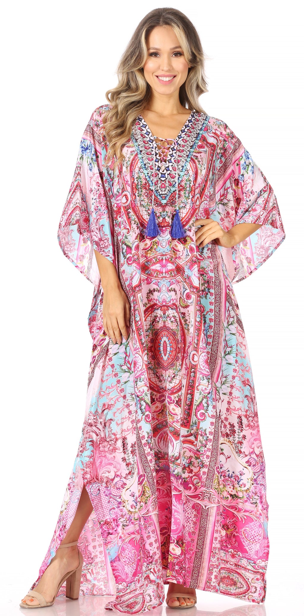 Sakkas Georgettina Flowy Rhinestone V-Neck Long Caftan Dress & Cover Up