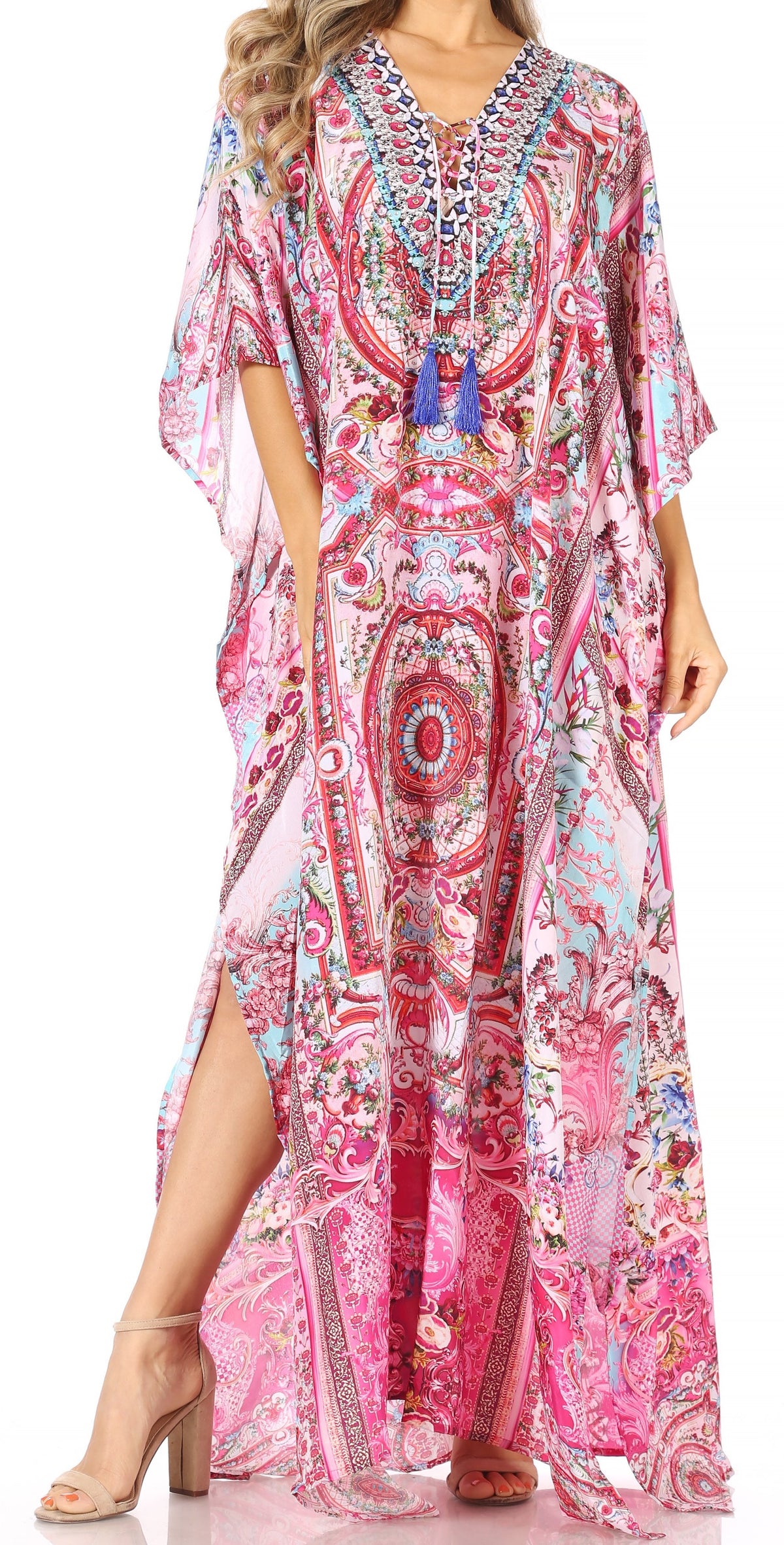 Sakkas Georgettina Flowy Rhinestone V-Neck Long Caftan Dress & Cover Up