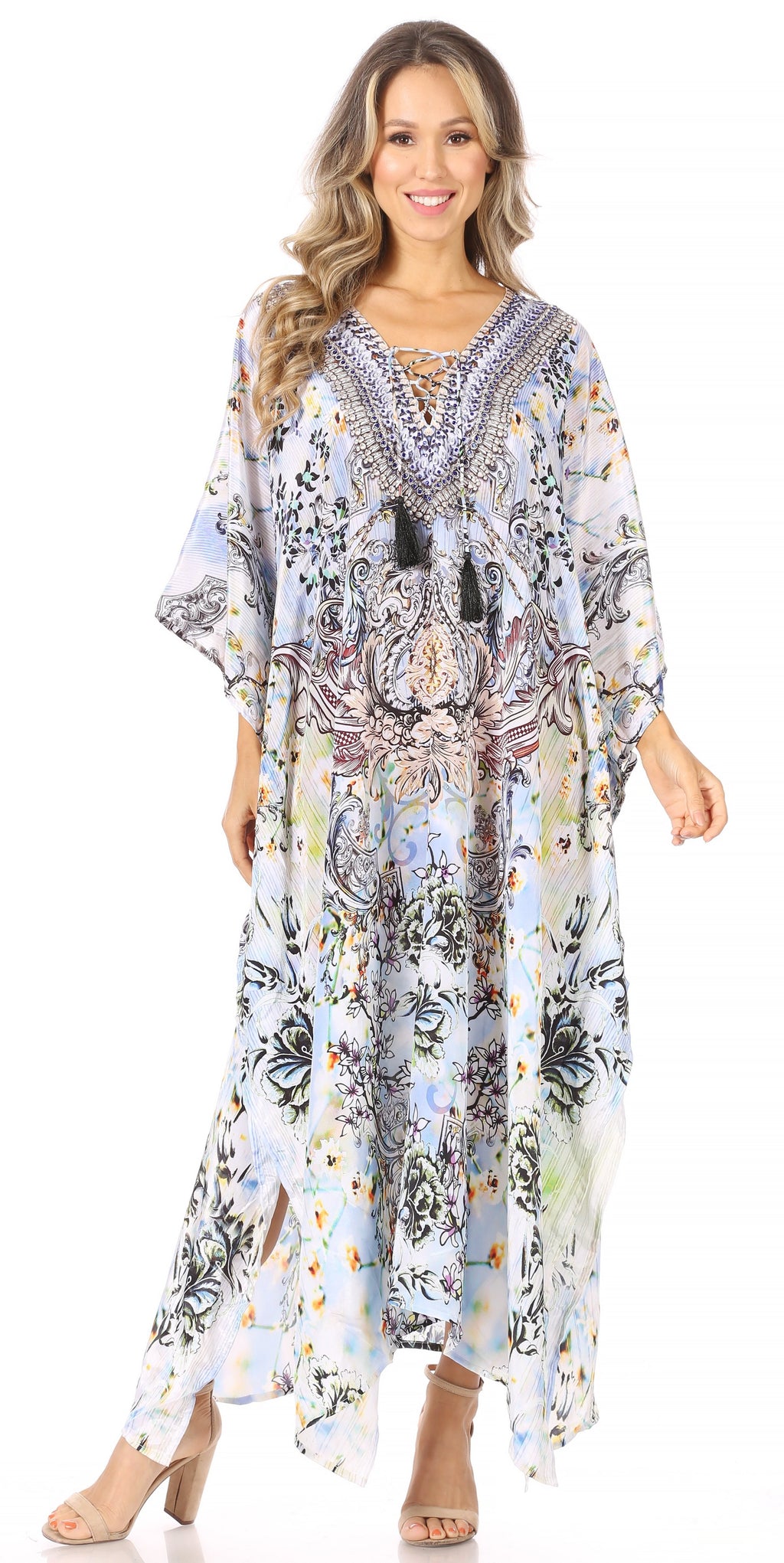 Sakkas Georgettina Flowy Rhinestone V-Neck Long Caftan Dress & Cover Up