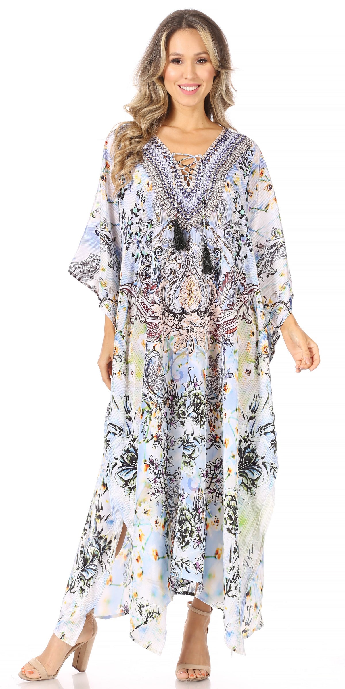 Sakkas Georgettina Flowy Rhinestone V-Neck Long Caftan Dress & Cover Up