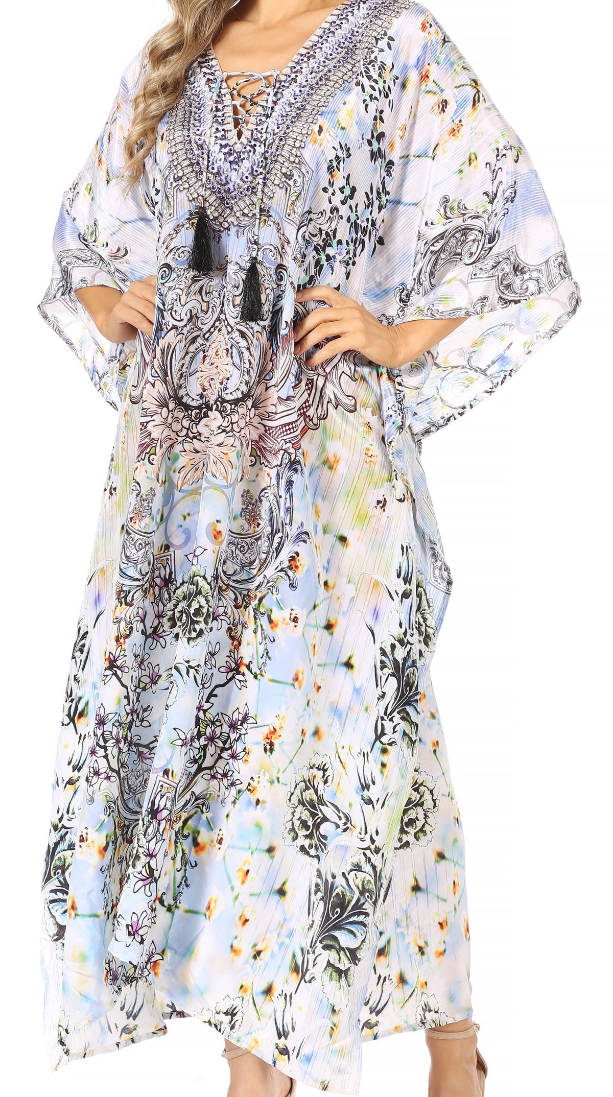 Sakkas Georgettina Flowy Rhinestone V-Neck Long Caftan Dress & Cover Up