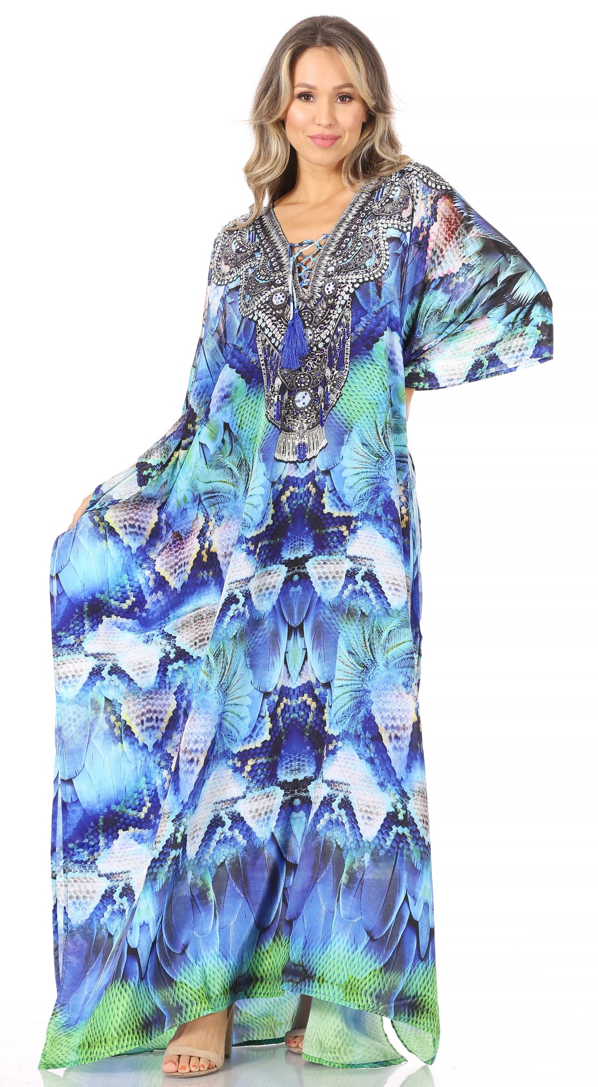 Sakkas Georgettina Flowy Rhinestone V-Neck Long Caftan Dress & Cover Up