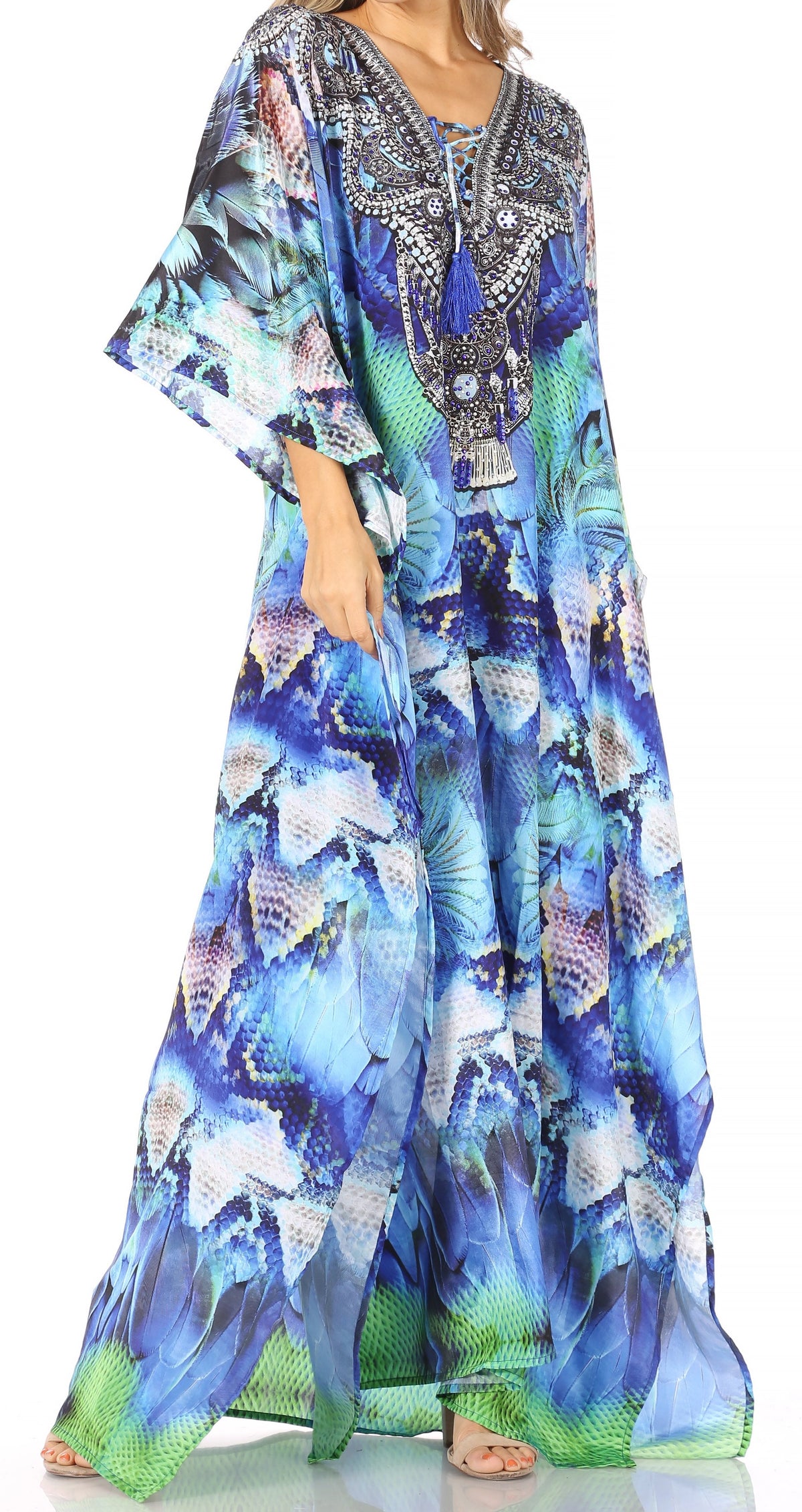 Sakkas Georgettina Flowy Rhinestone V-Neck Long Caftan Dress & Cover Up