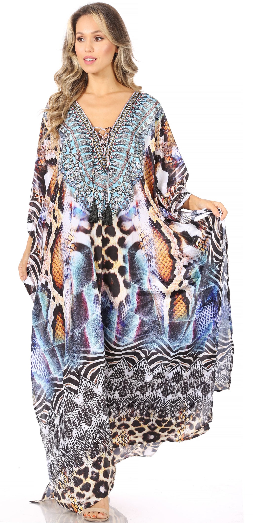 Sakkas Georgettina Flowy Rhinestone V-Neck Long Caftan Dress & Cover Up