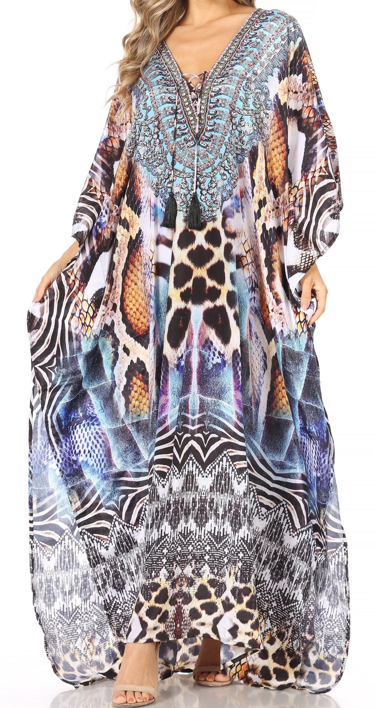 Sakkas Georgettina Flowy Rhinestone V-Neck Long Caftan Dress & Cover Up