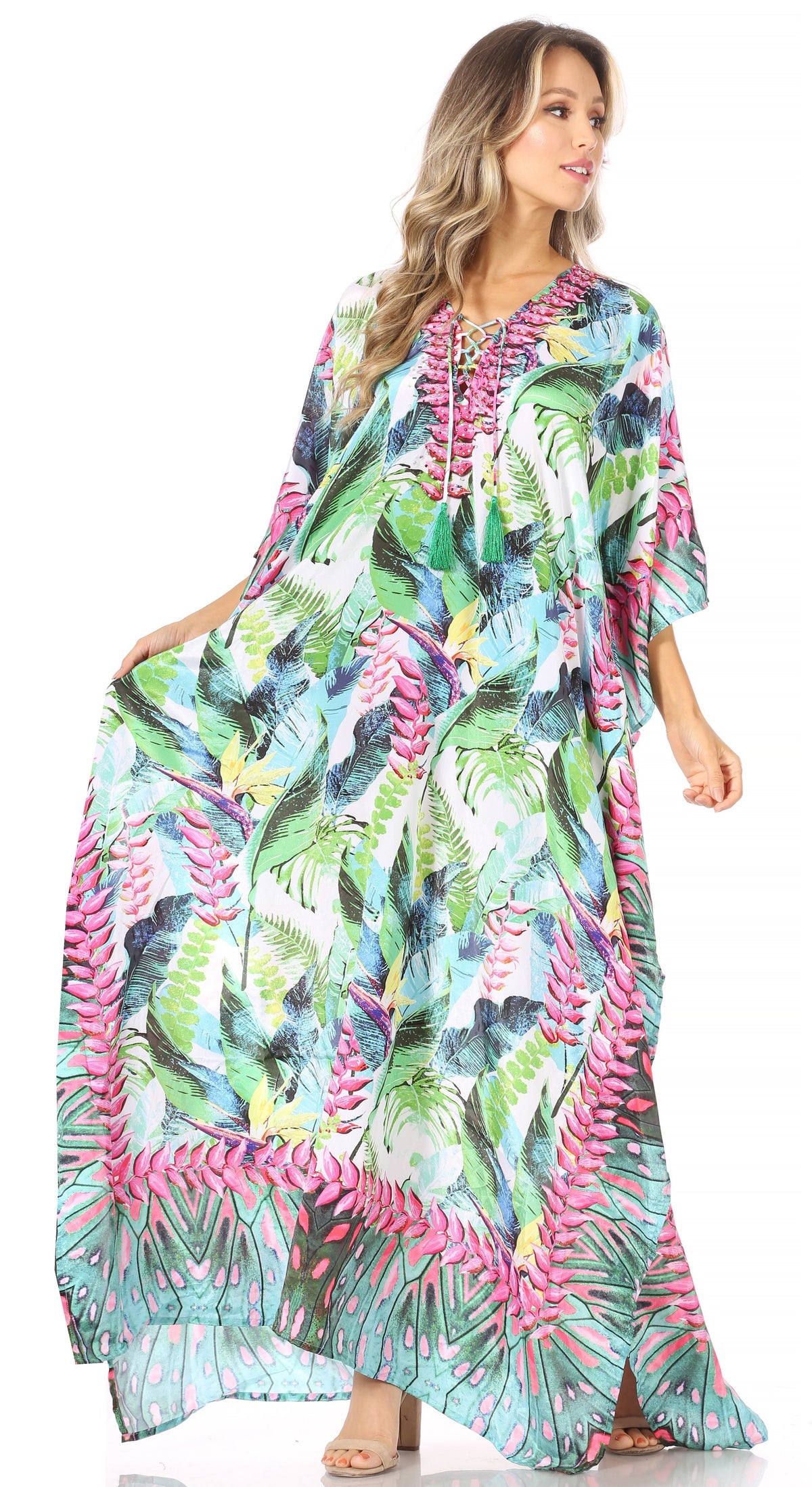 Sakkas Georgettina Flowy Rhinestone V-Neck Long Caftan Dress & Cover Up