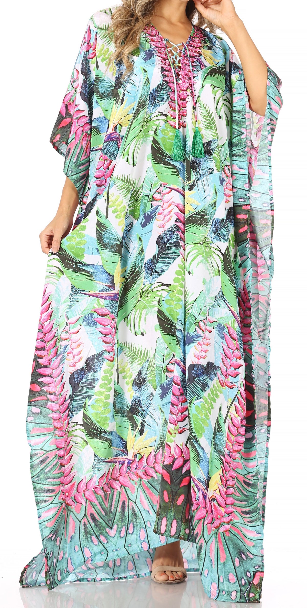 Sakkas Georgettina Flowy Rhinestone V-Neck Long Caftan Dress & Cover Up