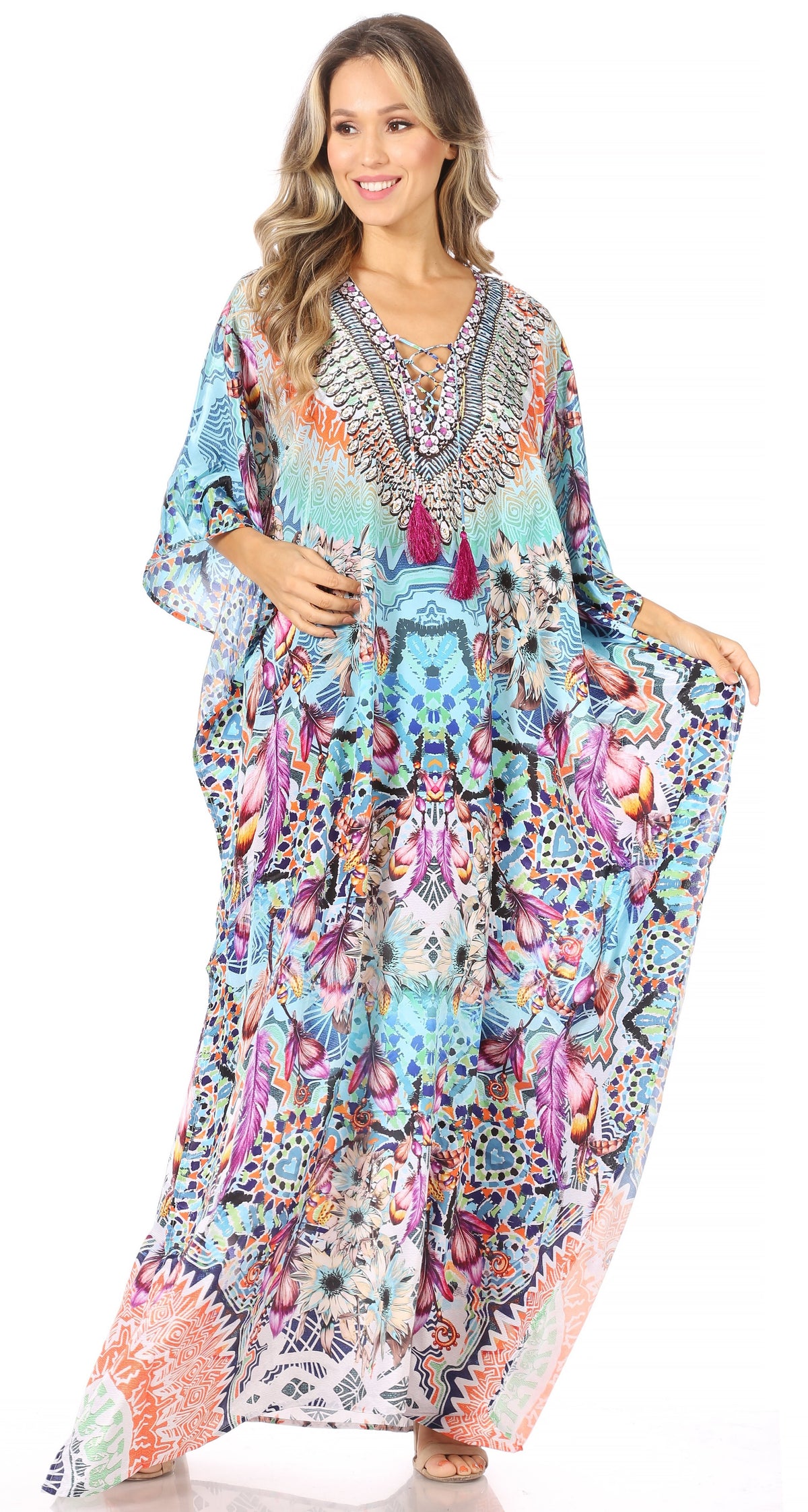 Sakkas Georgettina Flowy Rhinestone V-Neck Long Caftan Dress & Cover Up