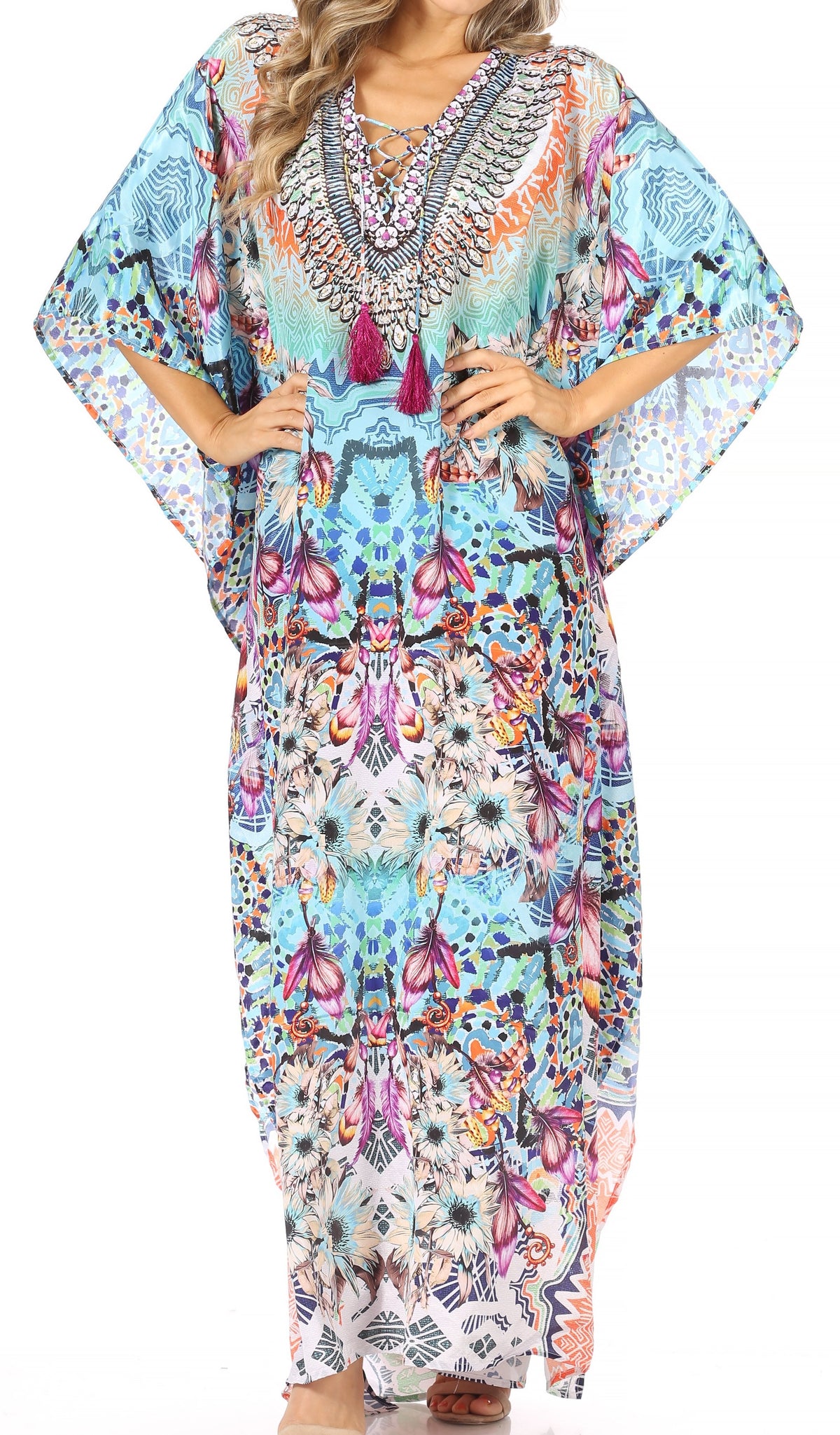 Sakkas Georgettina Flowy Rhinestone V-Neck Long Caftan Dress & Cover Up