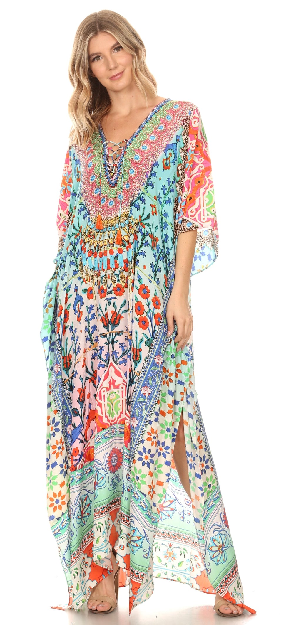 Sakkas Georgettina Flowy Rhinestone V-Neck Long Caftan Dress & Cover Up