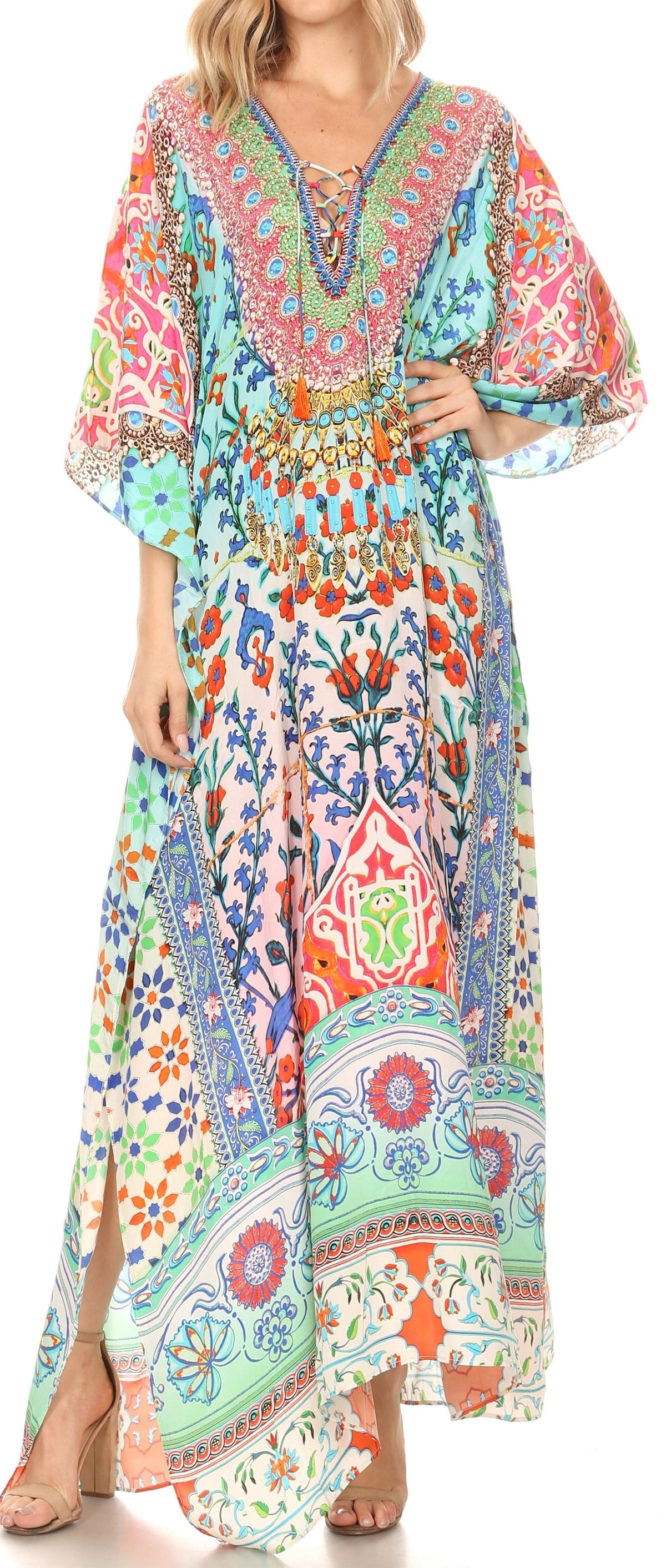 Sakkas Georgettina Flowy Rhinestone V-Neck Long Caftan Dress & Cover Up