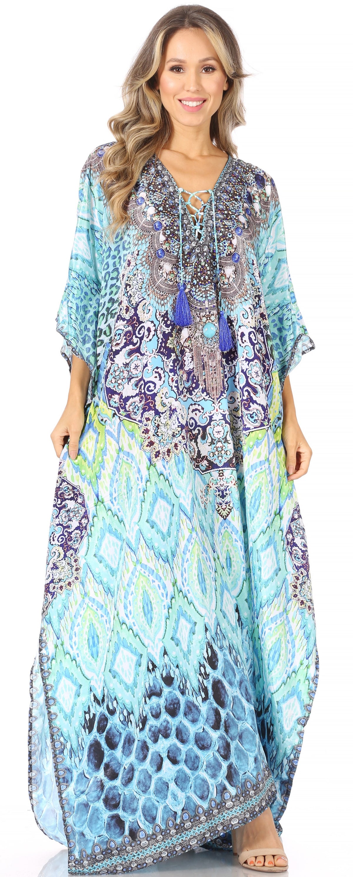 Sakkas Georgettina Flowy Rhinestone V-Neck Long Caftan Dress & Cover Up