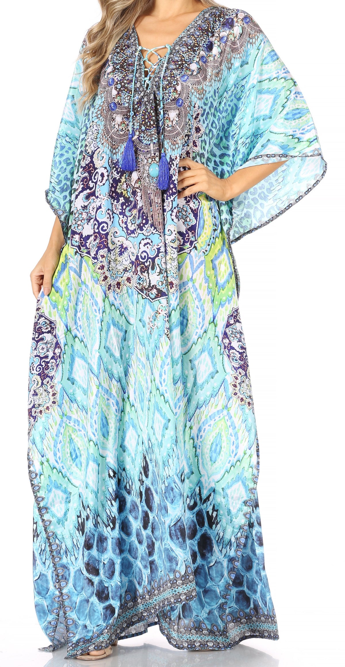 Sakkas Georgettina Flowy Rhinestone V-Neck Long Caftan Dress & Cover Up