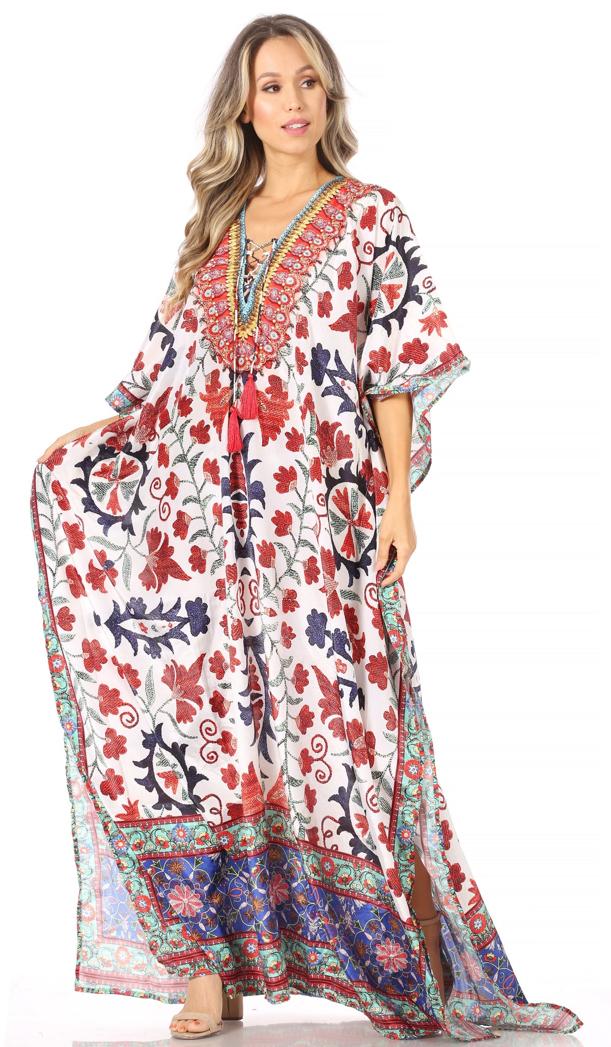 Sakkas Georgettina Flowy Rhinestone V-Neck Long Caftan Dress & Cover Up