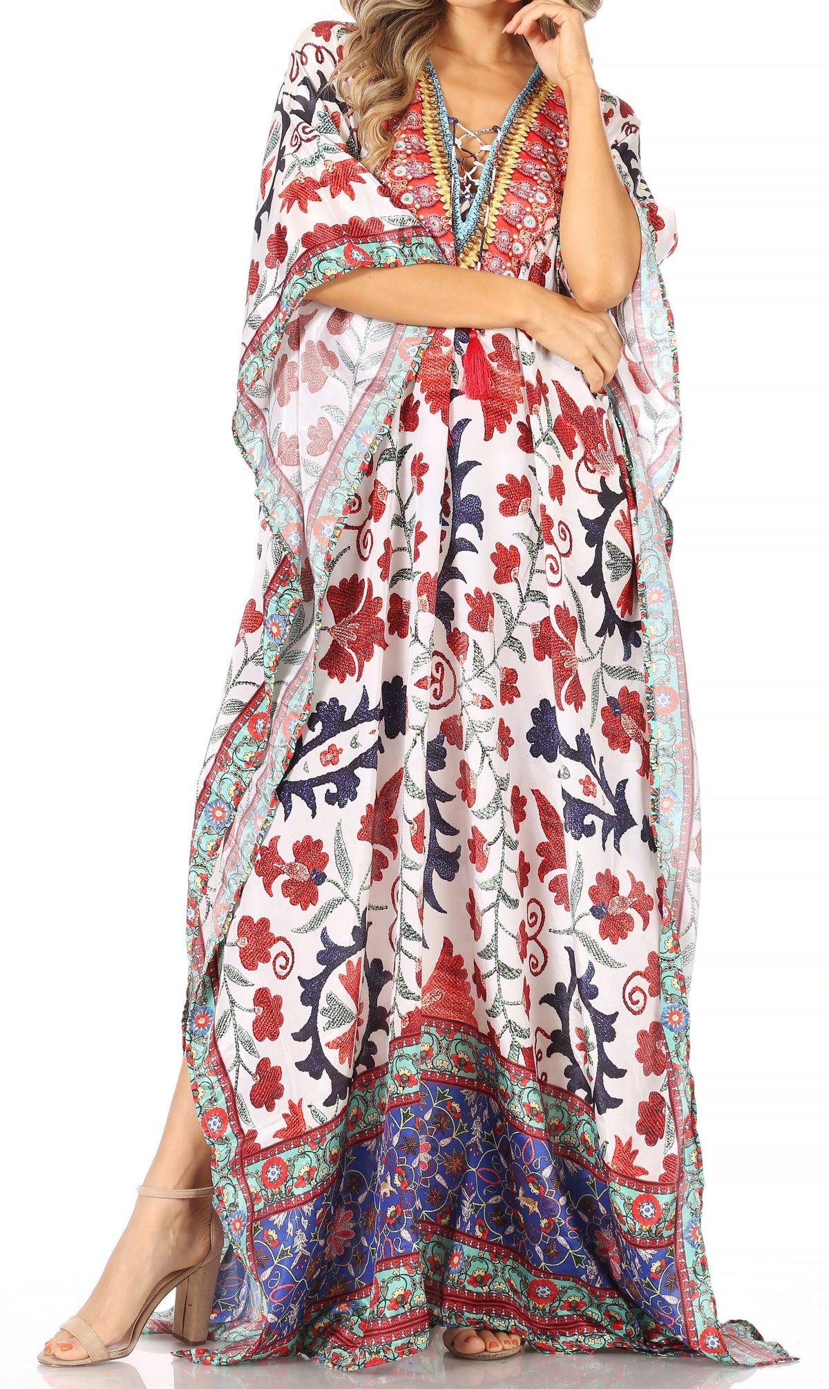 Sakkas Georgettina Flowy Rhinestone V-Neck Long Caftan Dress & Cover Up