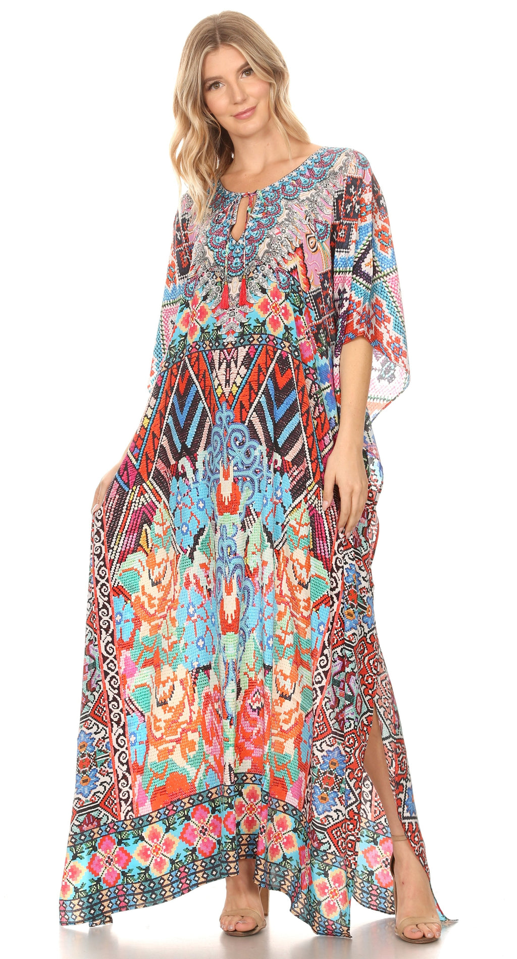 Sakkas Georgettina Flowy Rhinestone V-Neck Long Caftan Dress & Cover Up