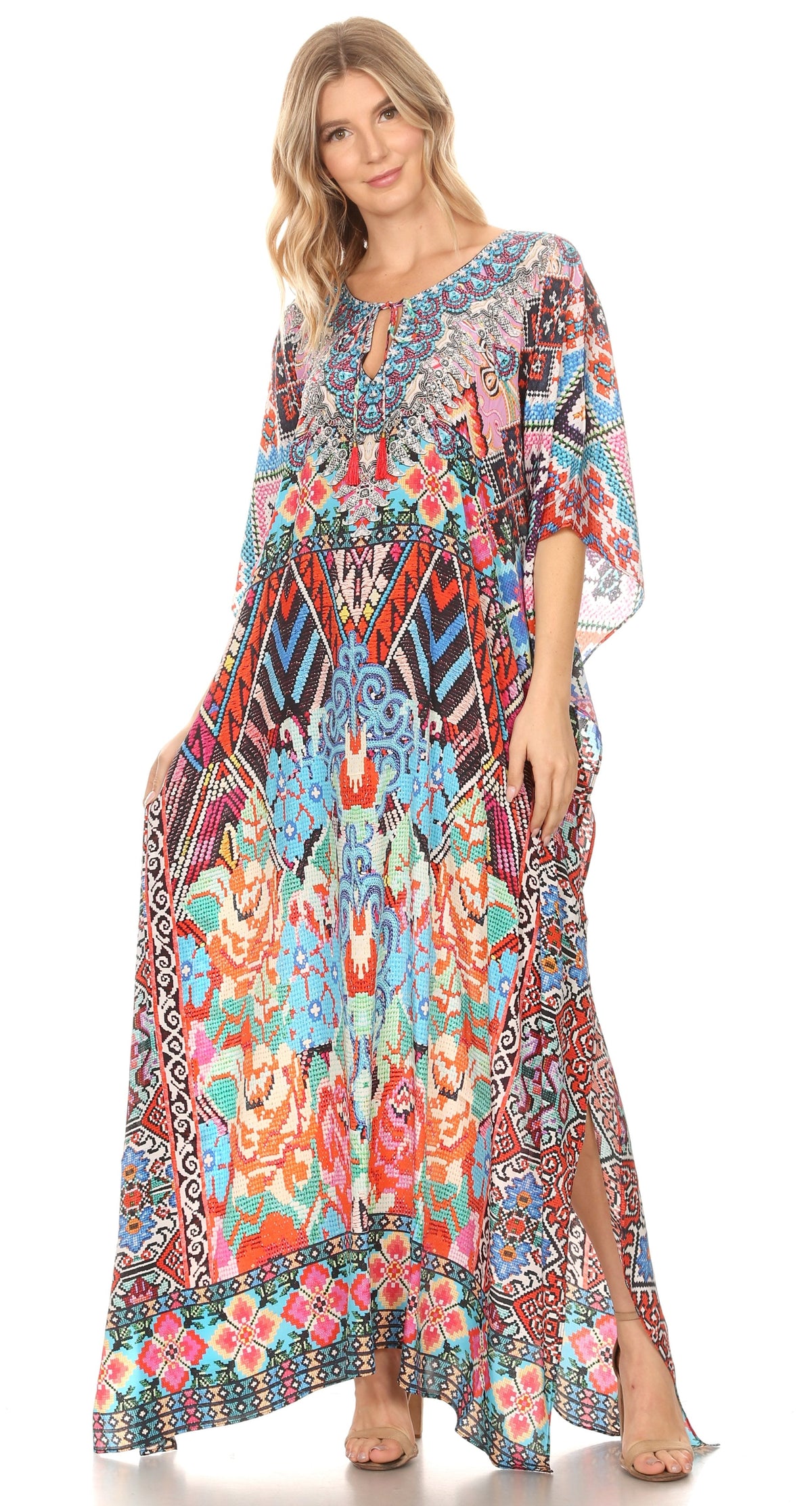 Sakkas Georgettina Flowy Rhinestone V-Neck Long Caftan Dress & Cover Up