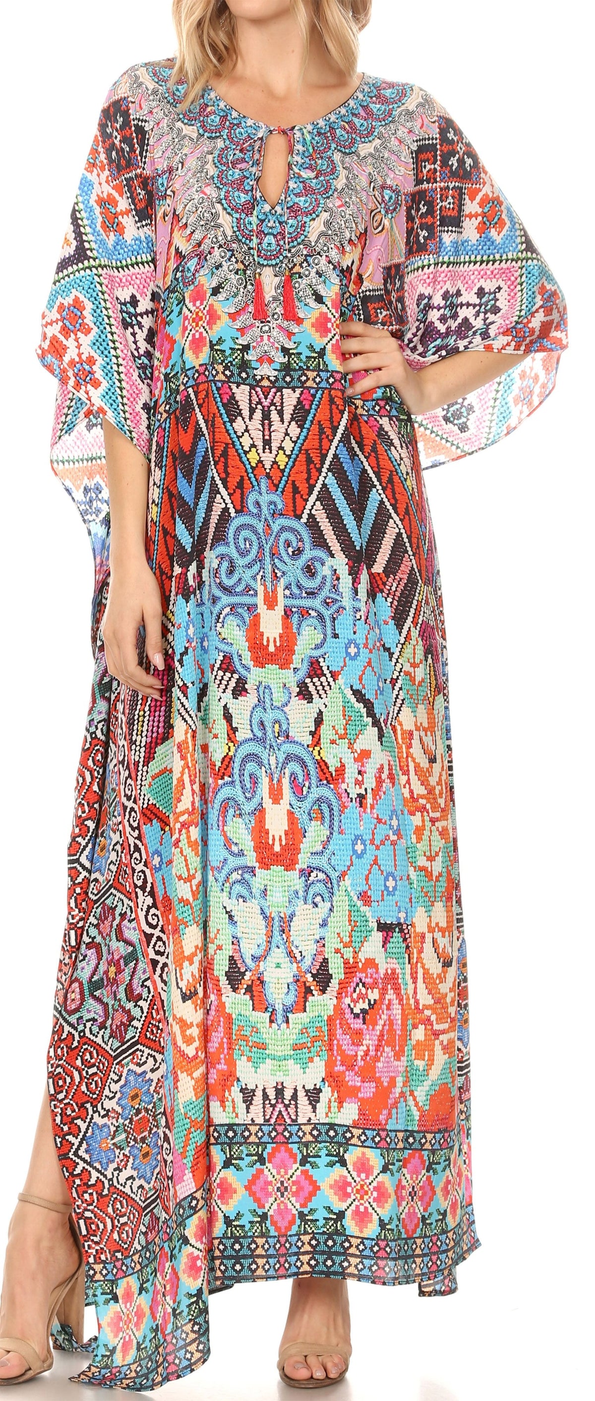 Sakkas Georgettina Flowy Rhinestone V-Neck Long Caftan Dress & Cover Up