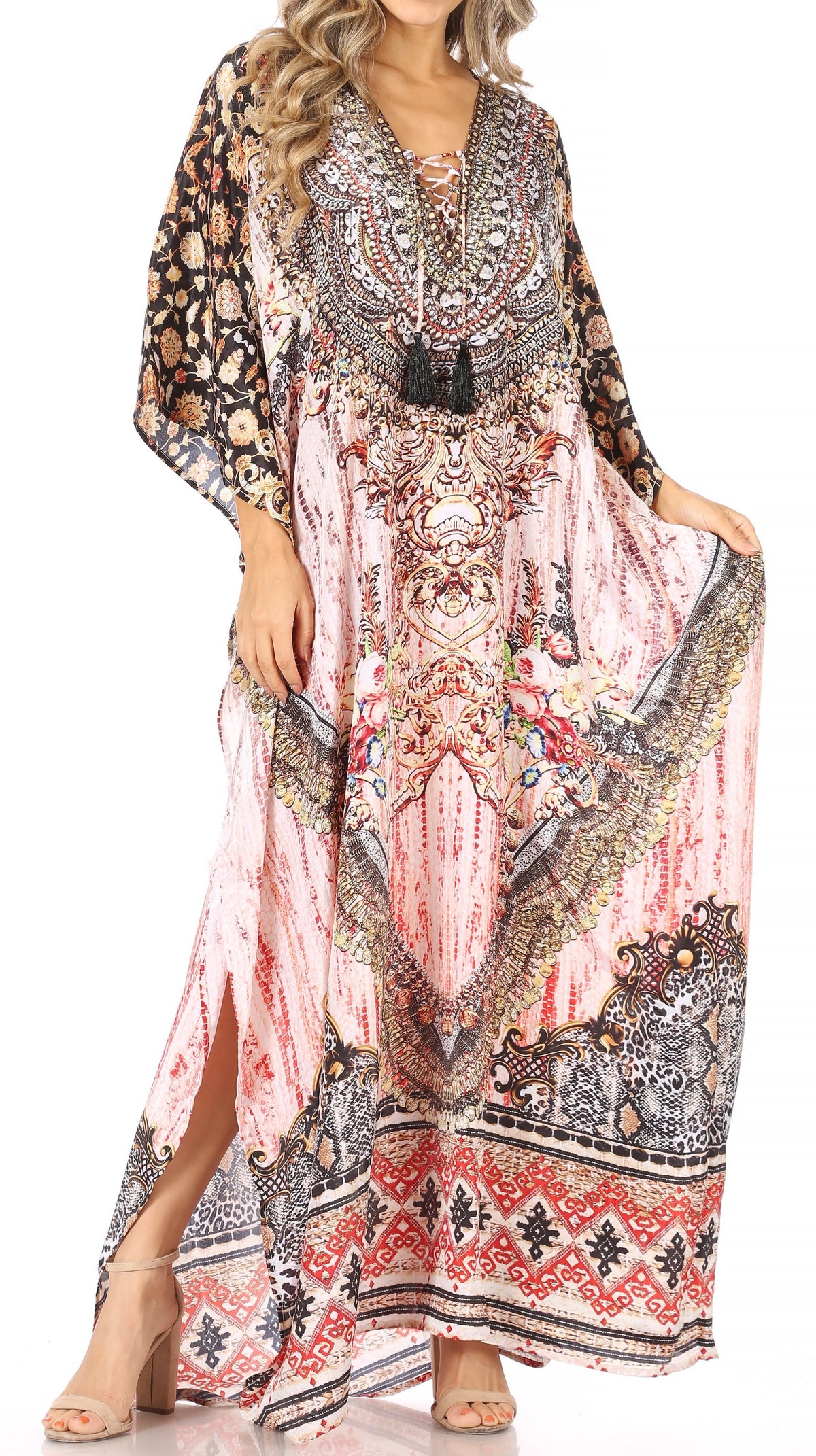 Sakkas Georgettina Flowy Rhinestone V-Neck Long Caftan Dress & Cover Up