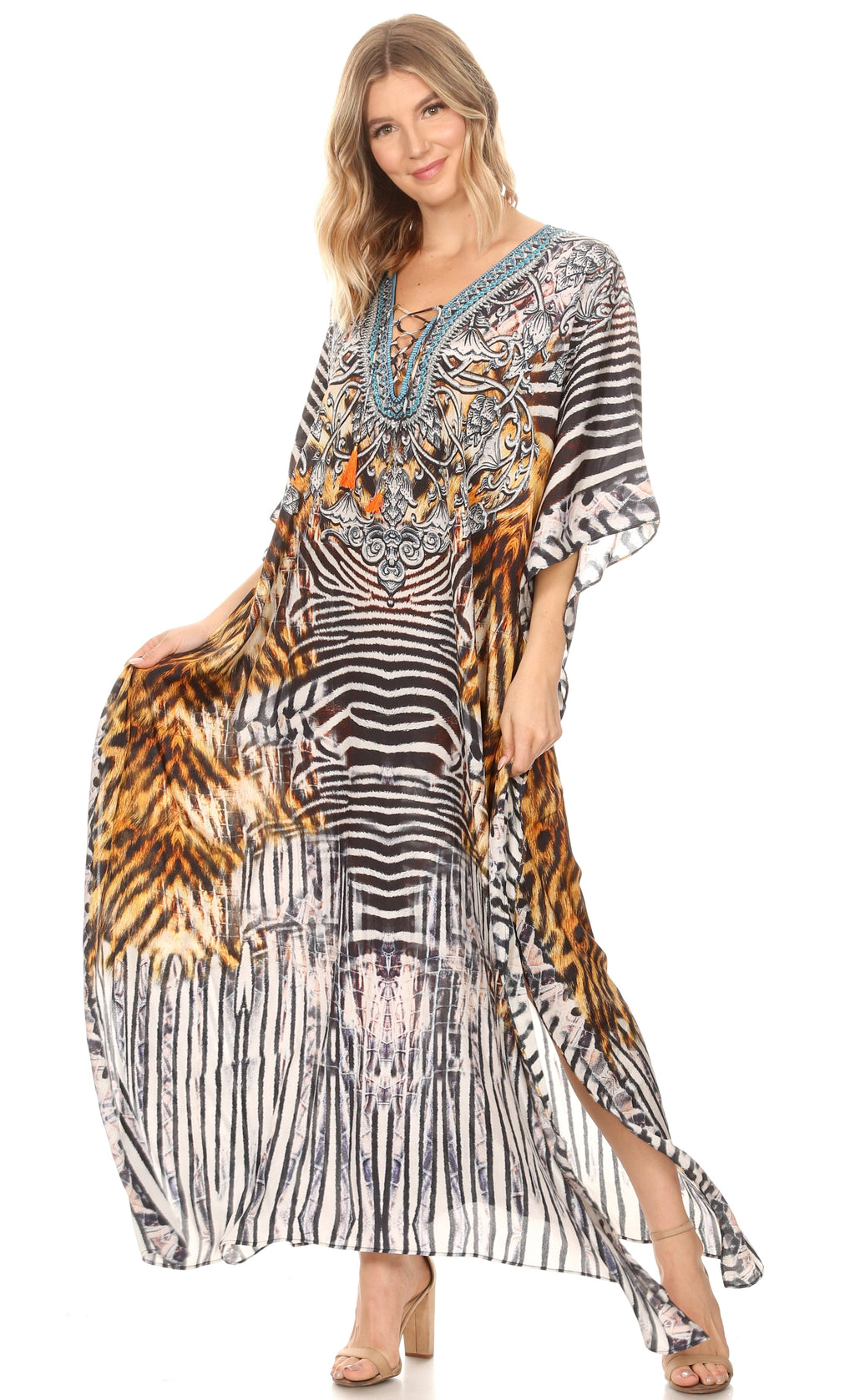 Sakkas Georgettina Flowy Rhinestone V-Neck Long Caftan Dress & Cover Up