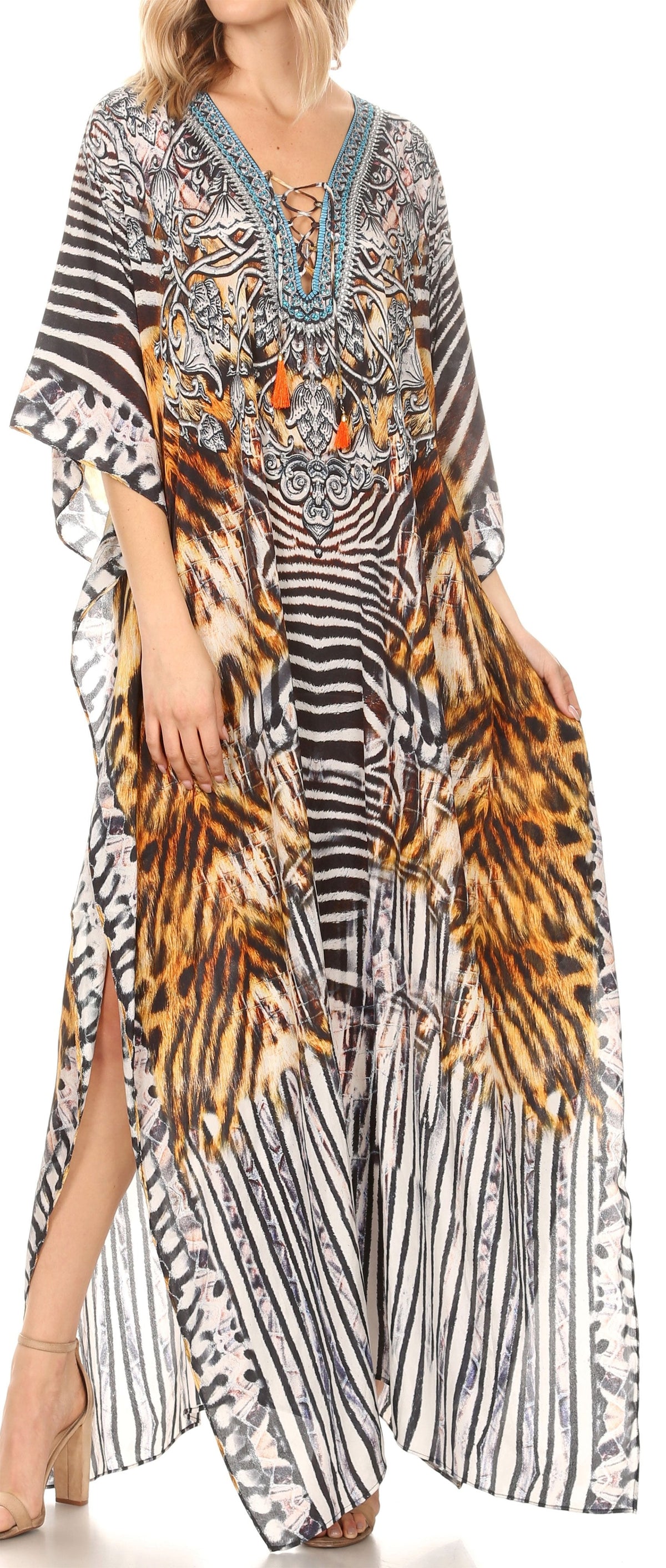 Sakkas Georgettina Flowy Rhinestone V-Neck Long Caftan Dress & Cover Up