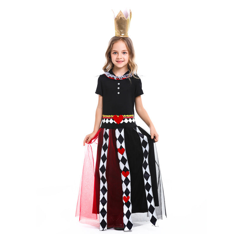 Queen of Hearts costume worn by a girl - detail view