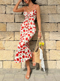 Women's Romantic Vintage Floral Wrap Bodice Tie-Waist Long Strap Dress – Beach Vacation