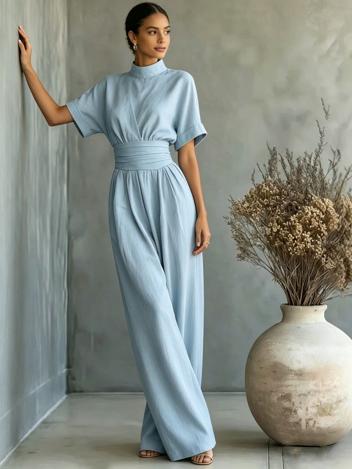 Women's Half High Neck Short Sleeve Wide Leg Jumpsuit
