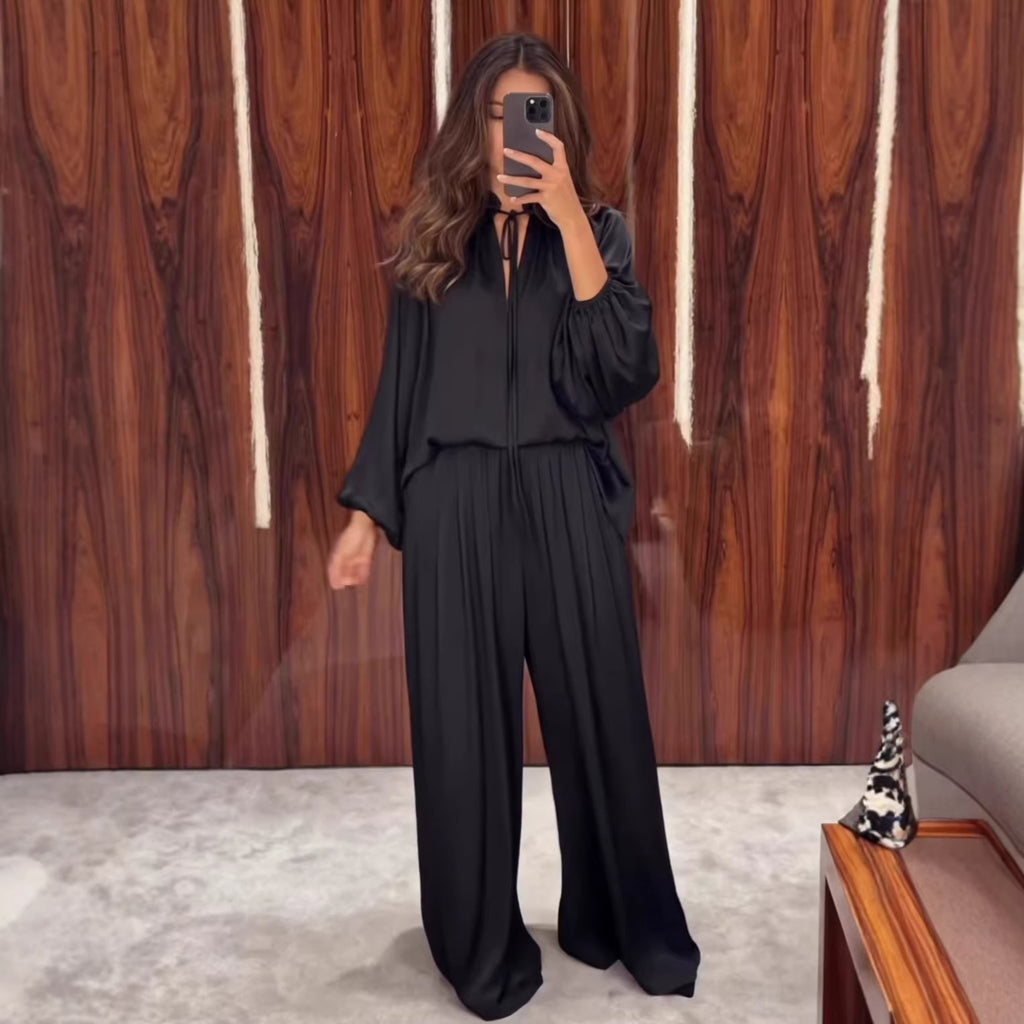 Women's Solid Color V-Neck Lace-Up Loose Pants Set